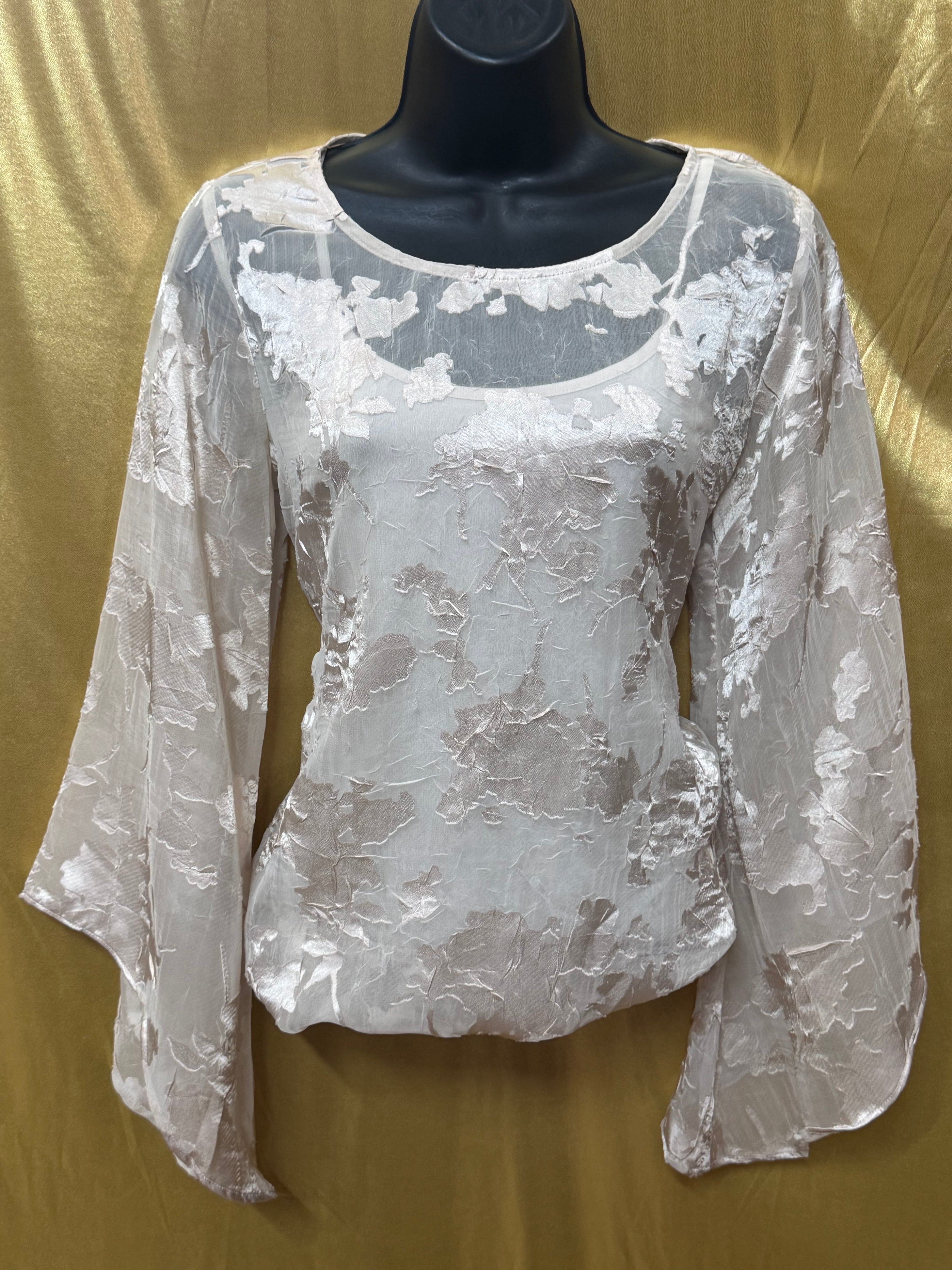Alfani XS Champagne Burnout Floral Bell Sleeve Blouse Sheer Layered Top