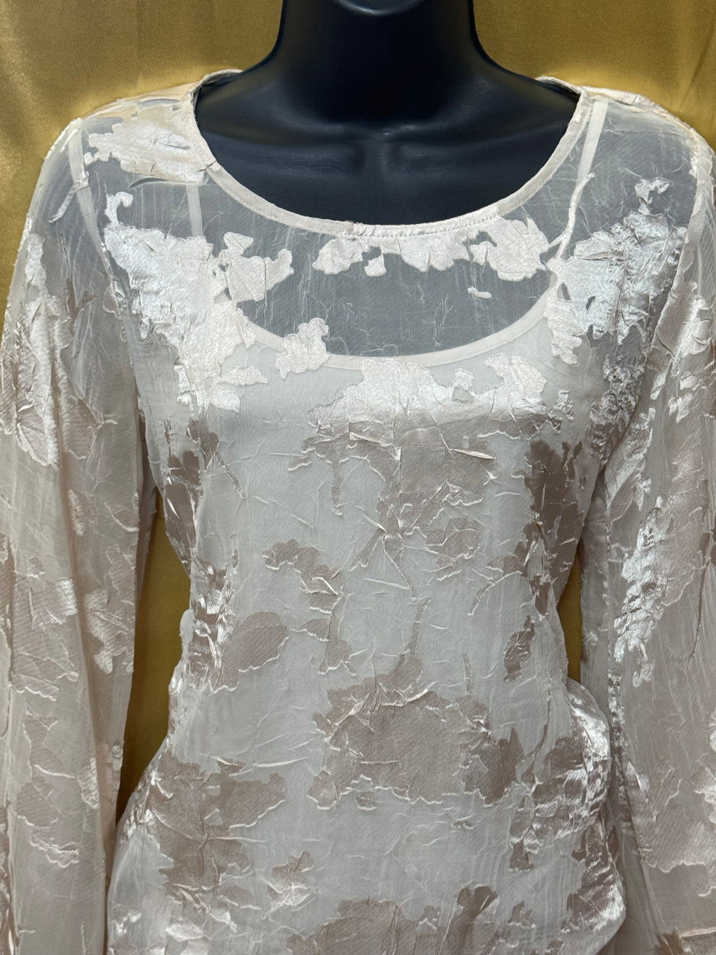 Alfani XS Champagne Burnout Floral Bell Sleeve Blouse Sheer Layered Top