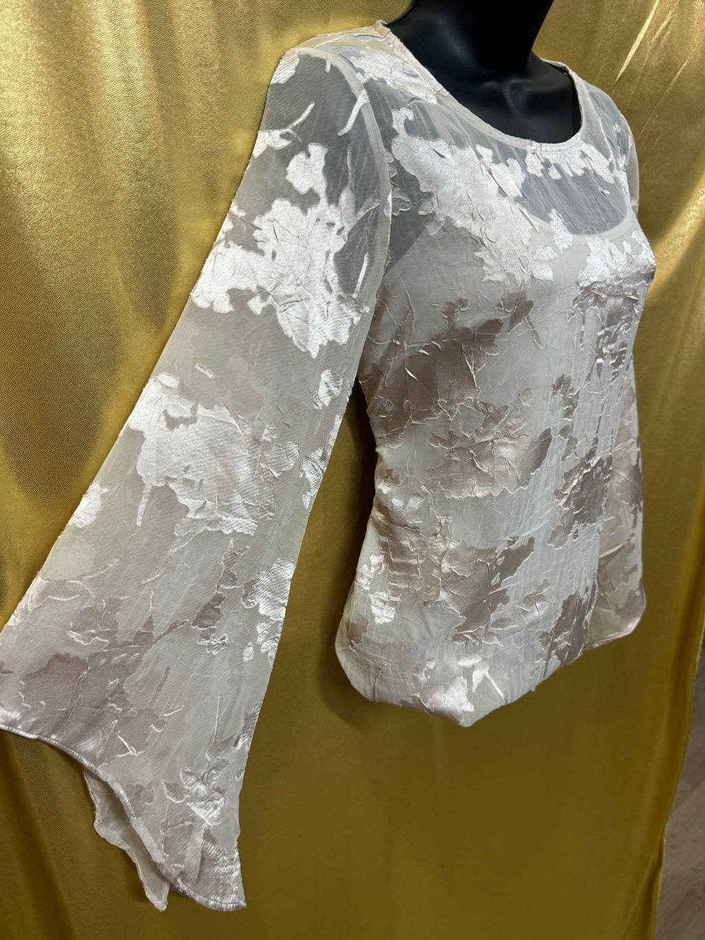 Alfani XS Champagne Burnout Floral Bell Sleeve Blouse Sheer Layered Top