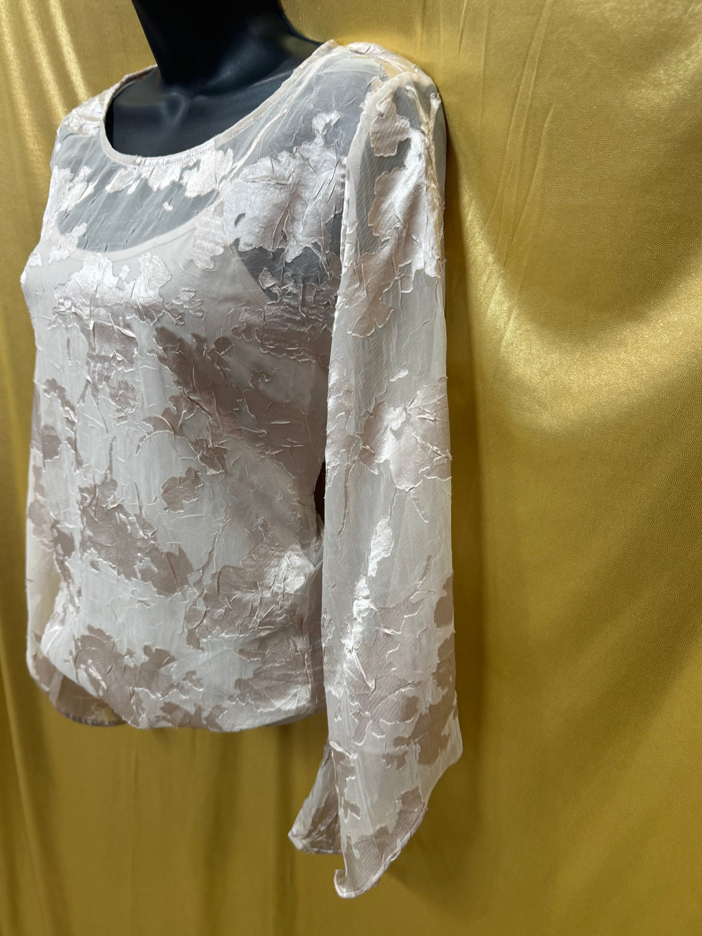 Alfani XS Champagne Burnout Floral Bell Sleeve Blouse Sheer Layered Top