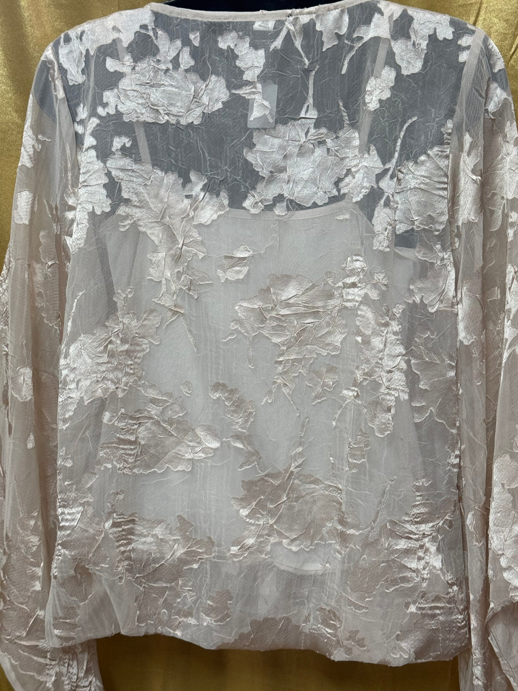 Alfani XS Champagne Burnout Floral Bell Sleeve Blouse Sheer Layered Top