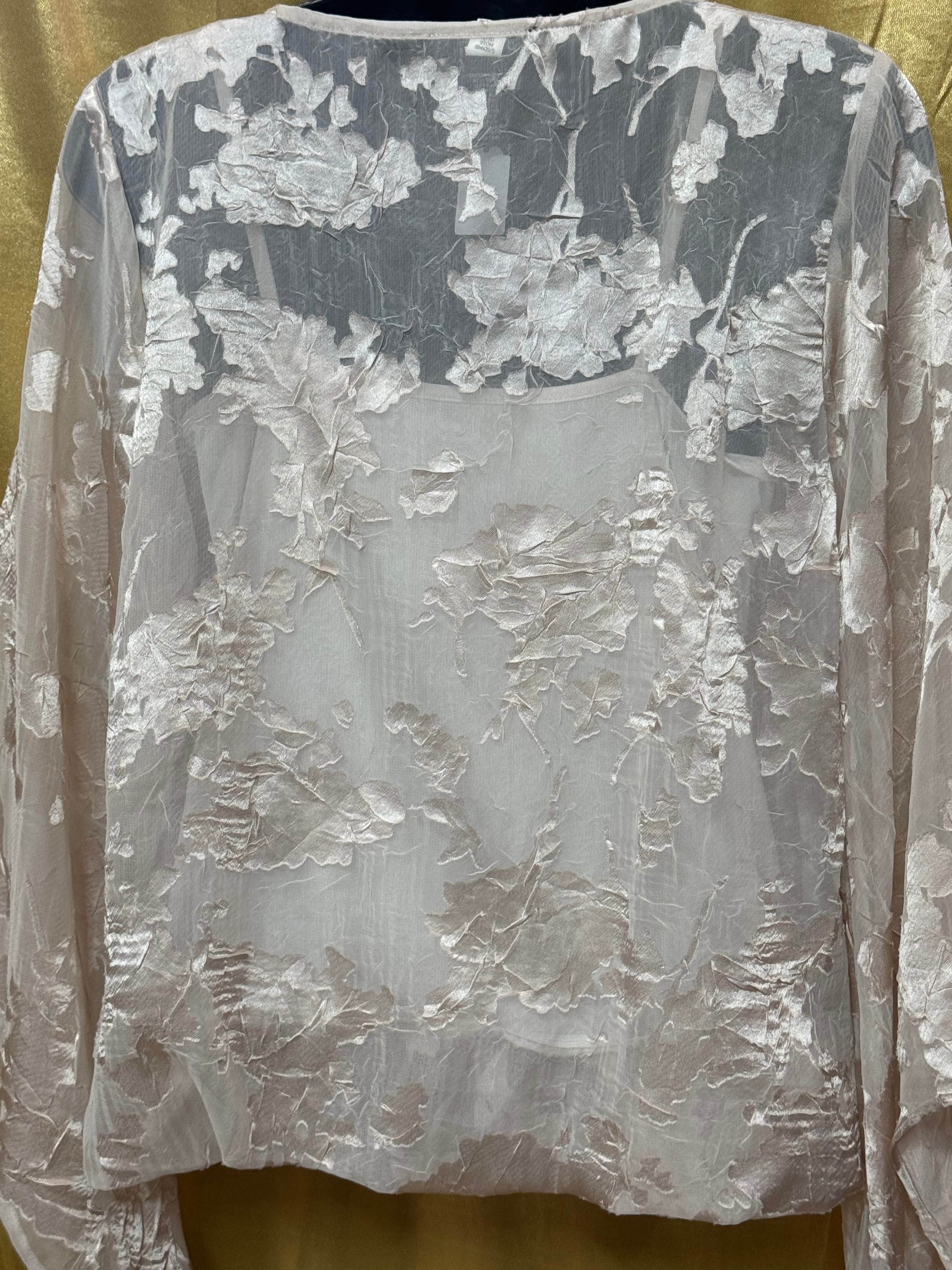 Alfani XS Champagne Burnout Floral Bell Sleeve Blouse Sheer Layered Top