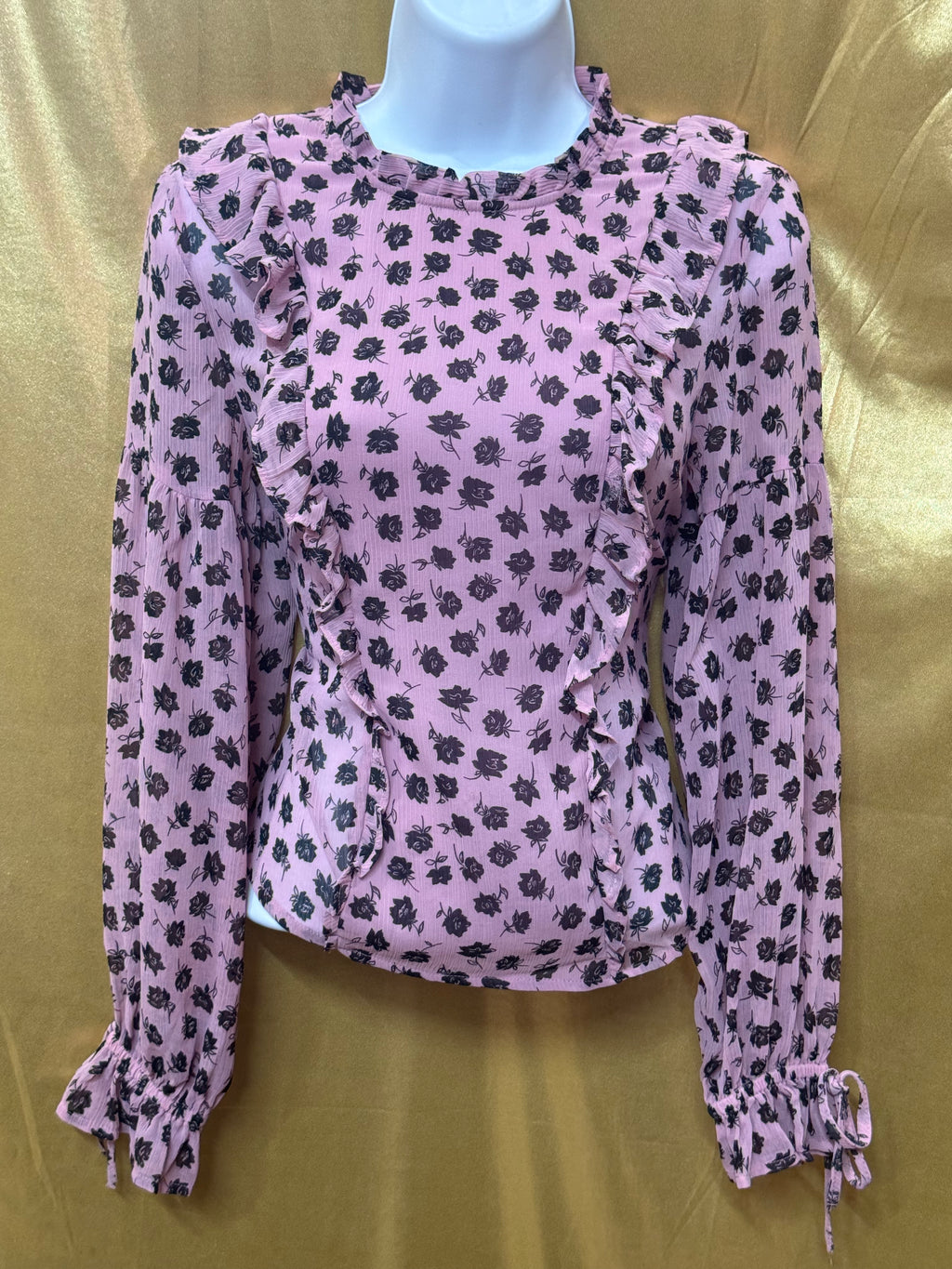 H&M Divided Pink & Black Floral Ruffled Chiffon Blouse Size XXS