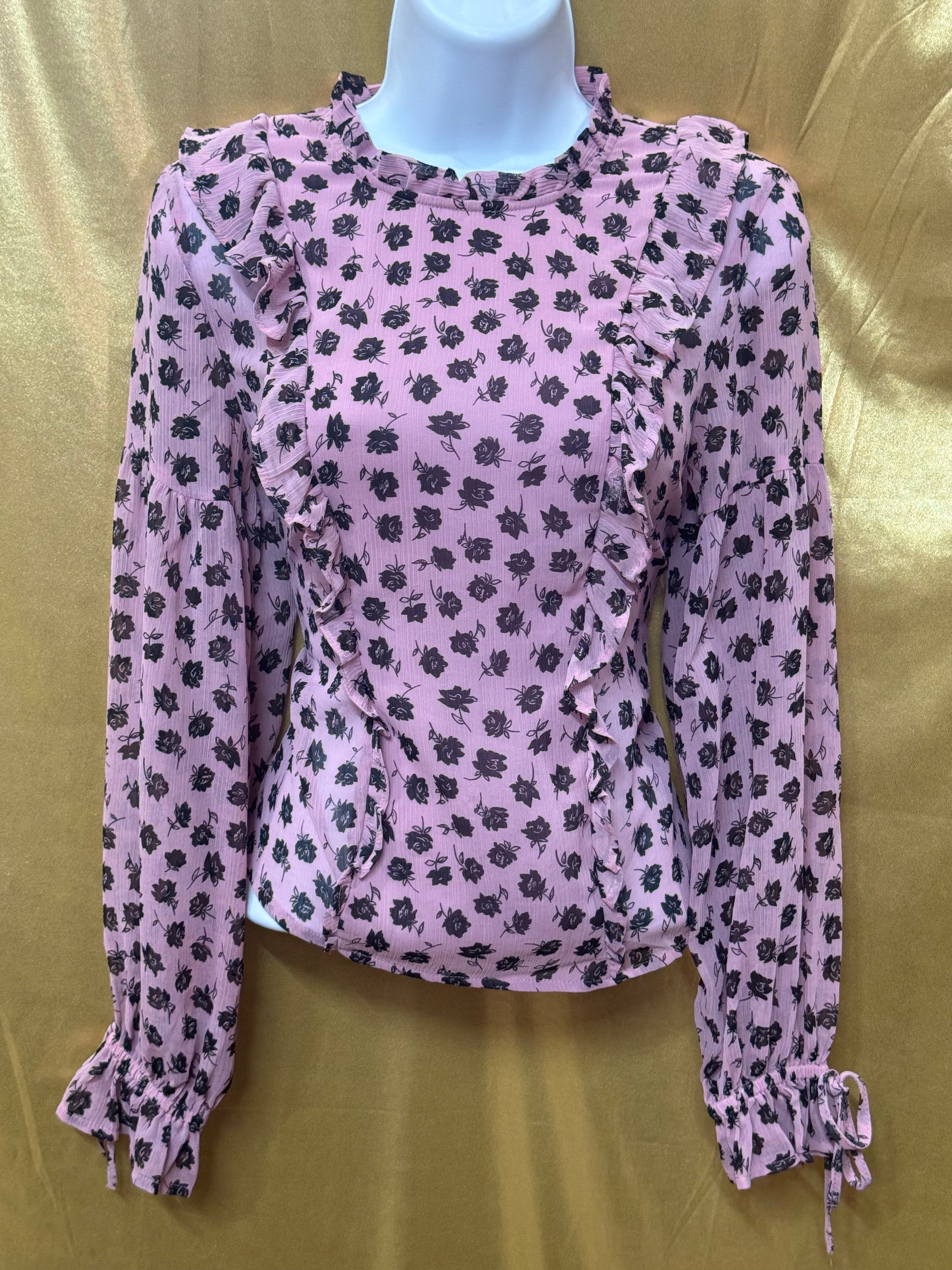 H&M Divided Pink & Black Floral Ruffled Chiffon Blouse Size XXS