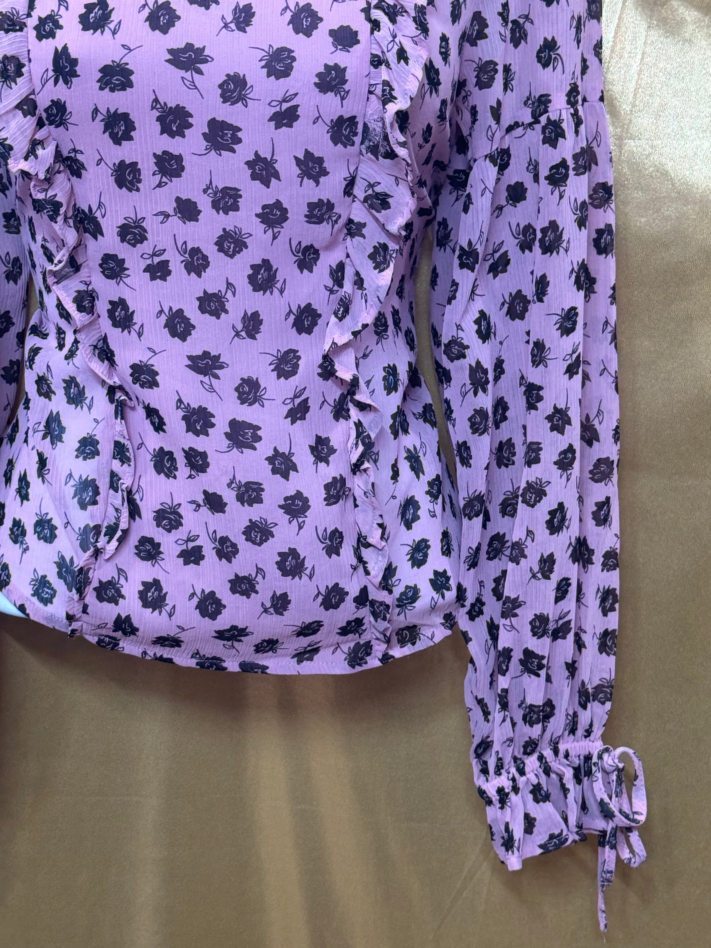 H&M Divided Pink & Black Floral Ruffled Chiffon Blouse Size XXS