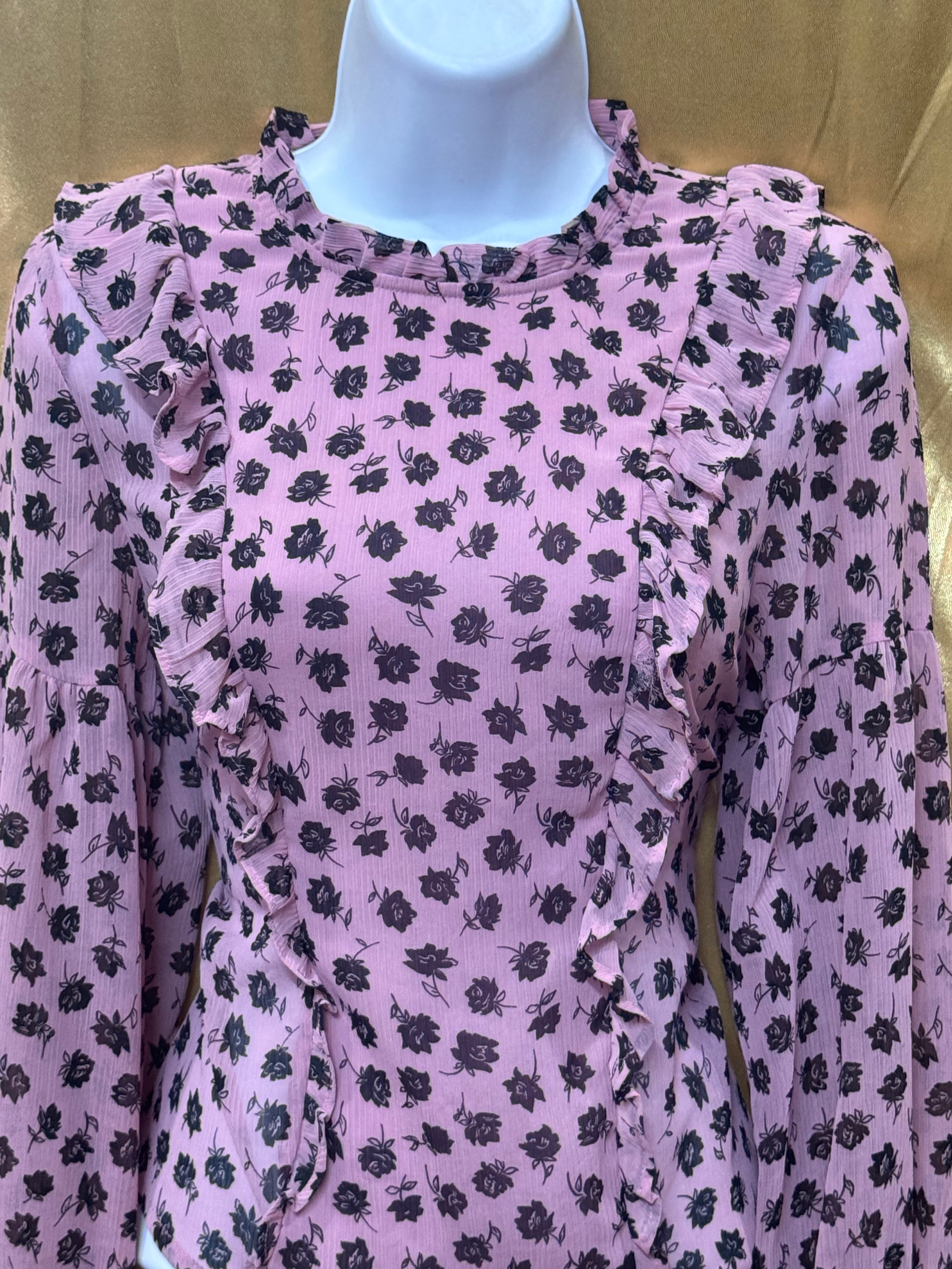 H&M Divided Pink & Black Floral Ruffled Chiffon Blouse Size XXS