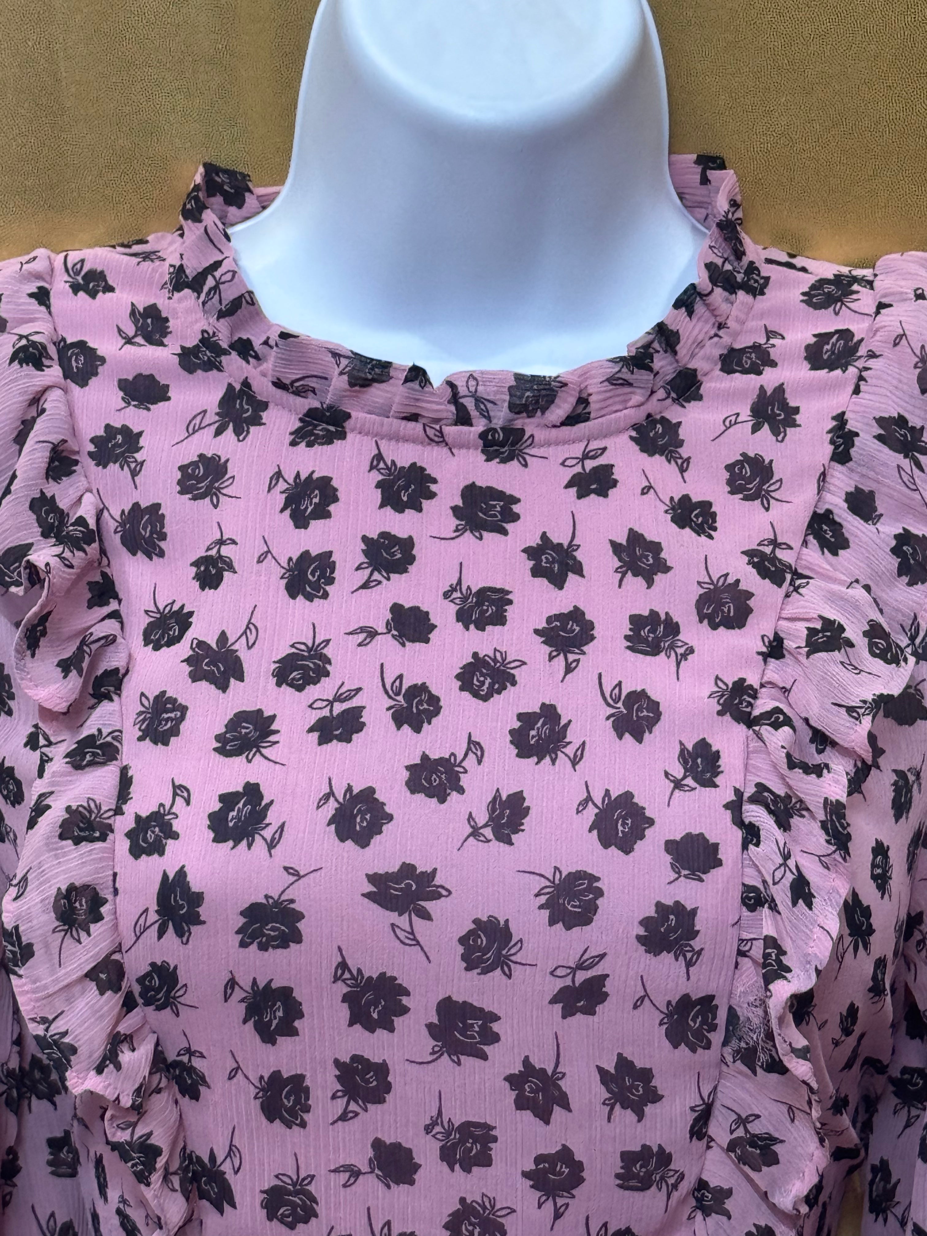 H&M Divided Pink & Black Floral Ruffled Chiffon Blouse Size XXS