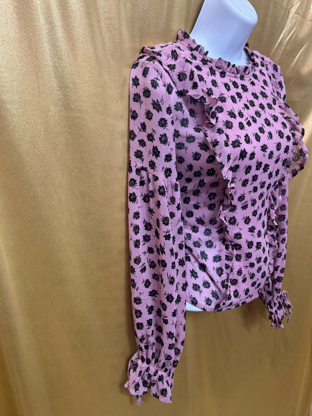 H&M Divided Pink & Black Floral Ruffled Chiffon Blouse Size XXS