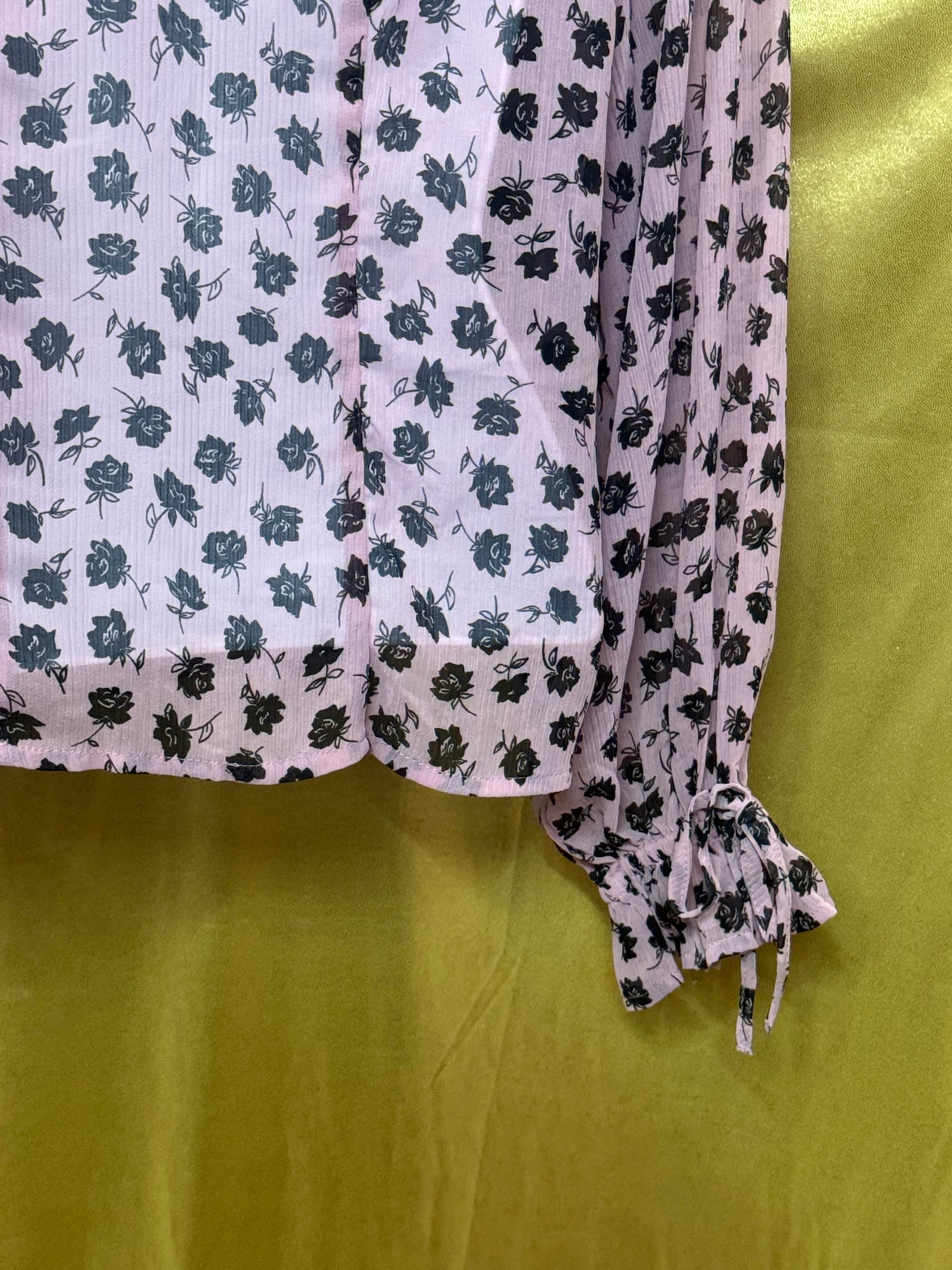 H&M Divided Pink & Black Floral Ruffled Chiffon Blouse Size XXS