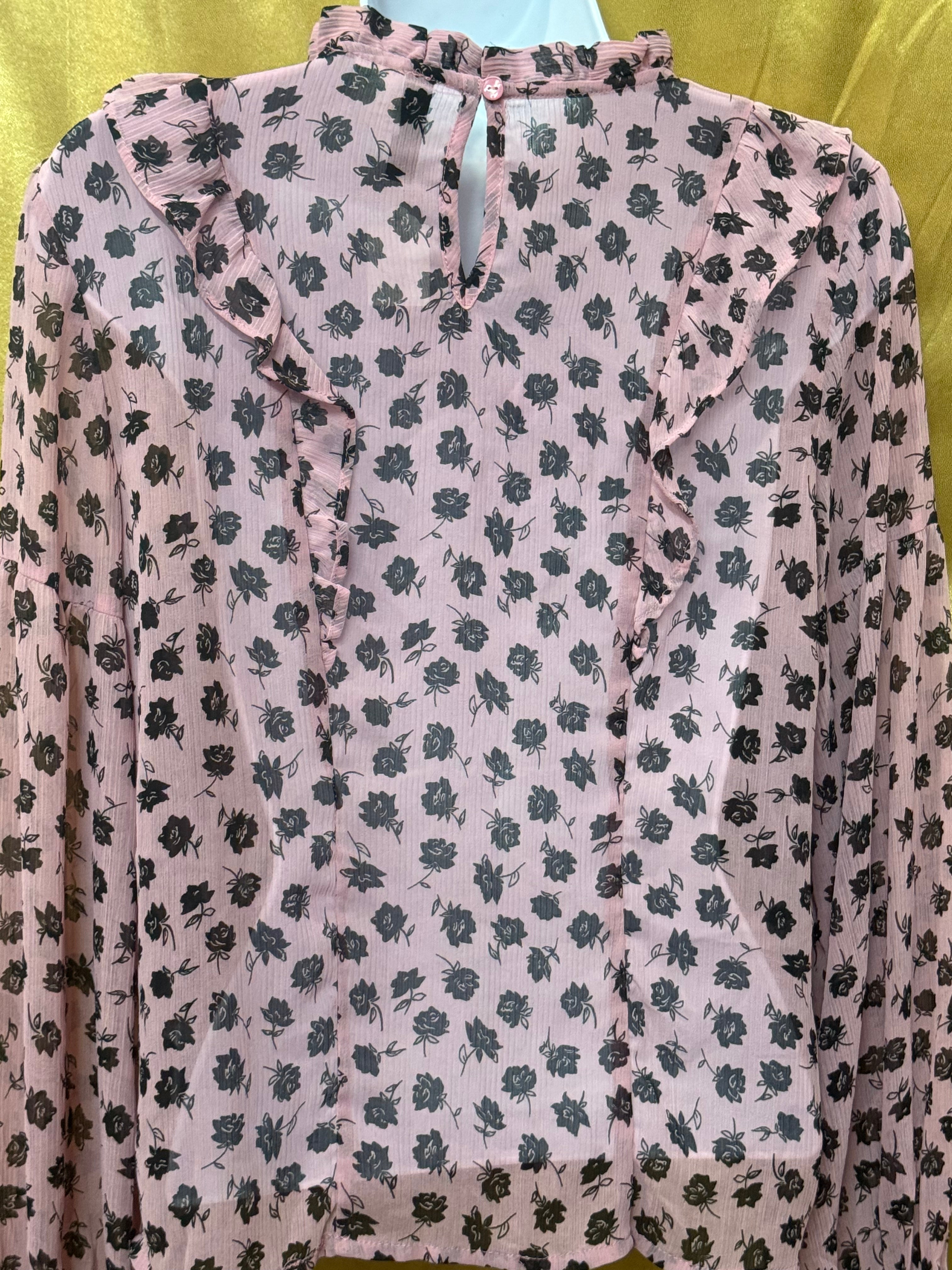 H&M Divided Pink & Black Floral Ruffled Chiffon Blouse Size XXS