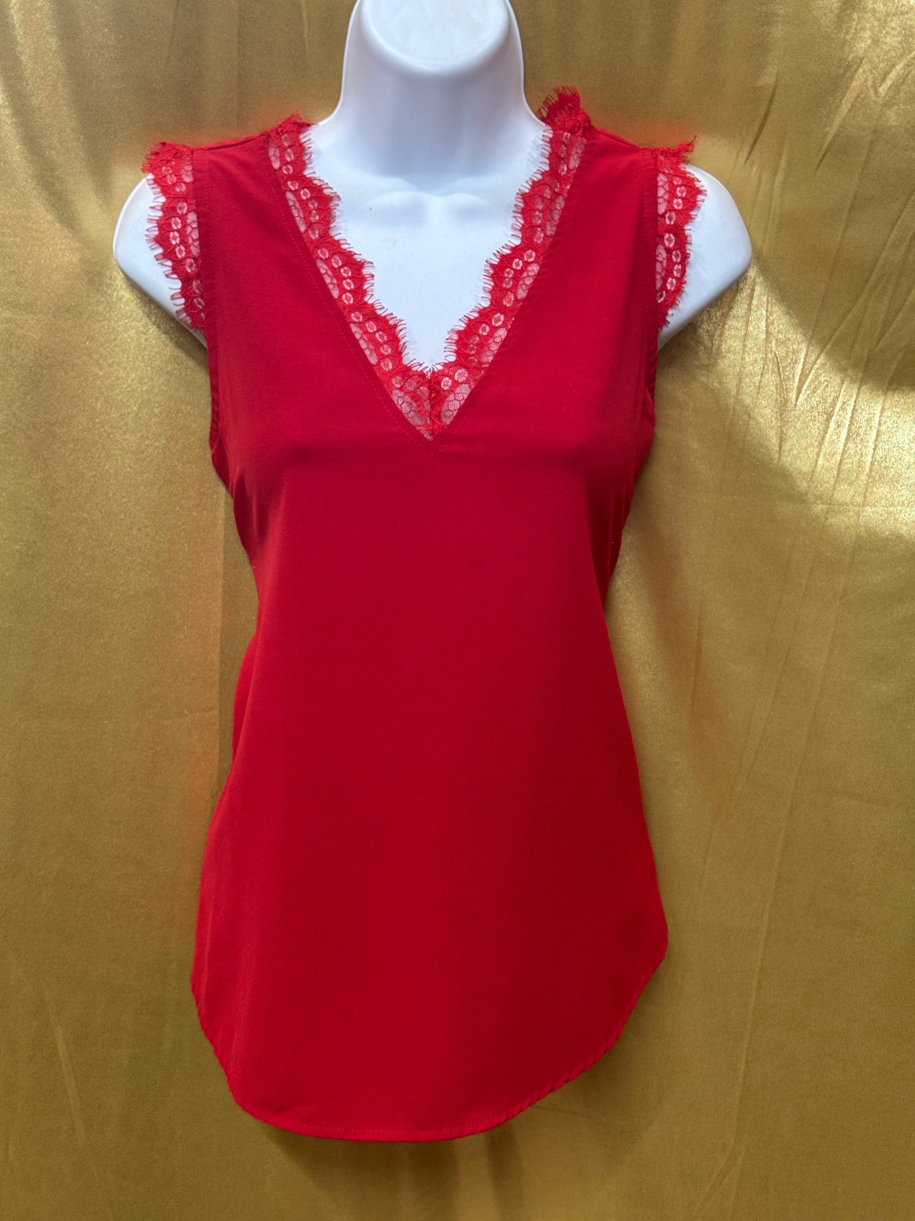 Chic True Red Lace V-Neck Sleeveless Top – Size Small