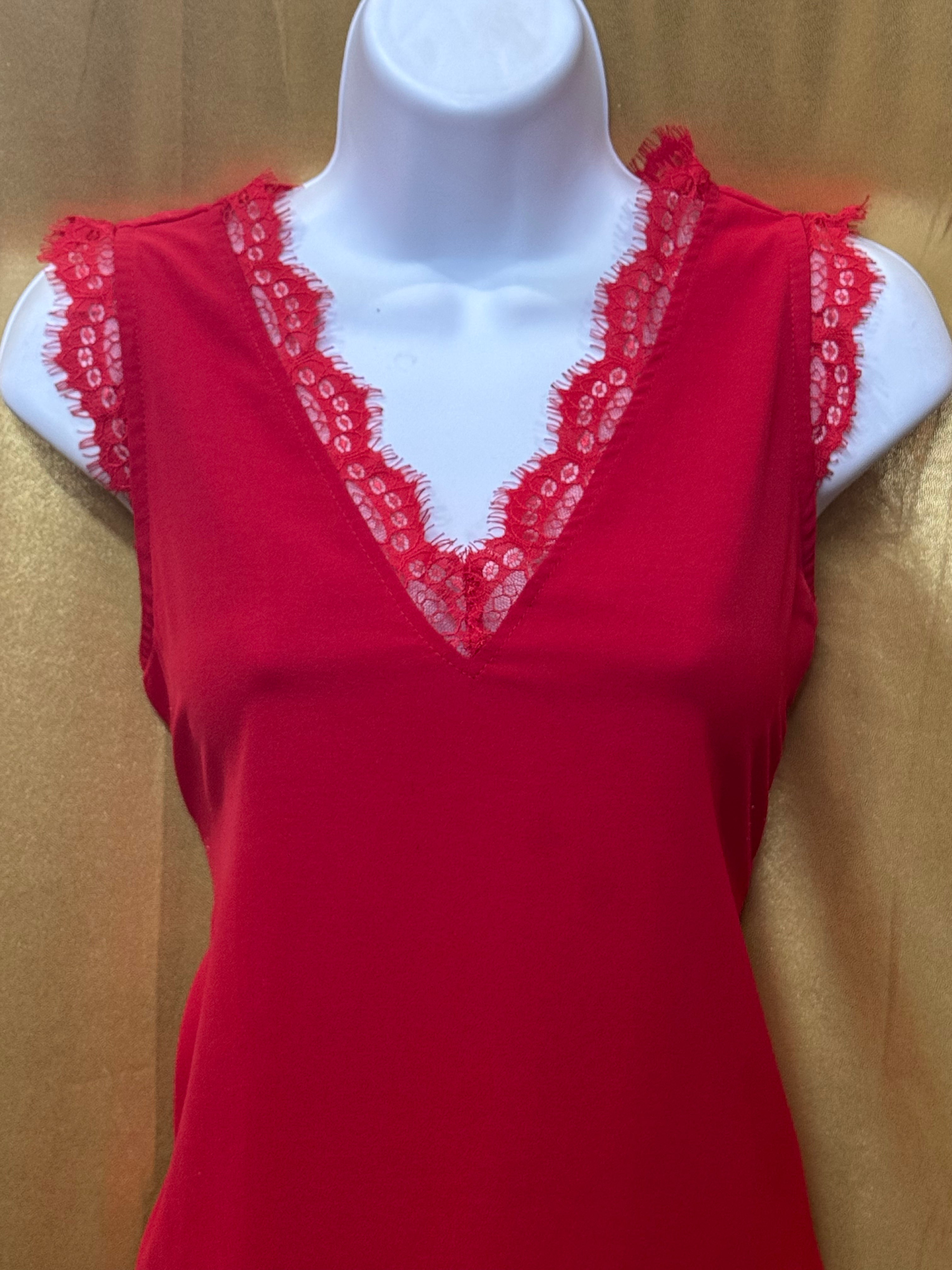 Chic True Red Lace V-Neck Sleeveless Top – Size Small