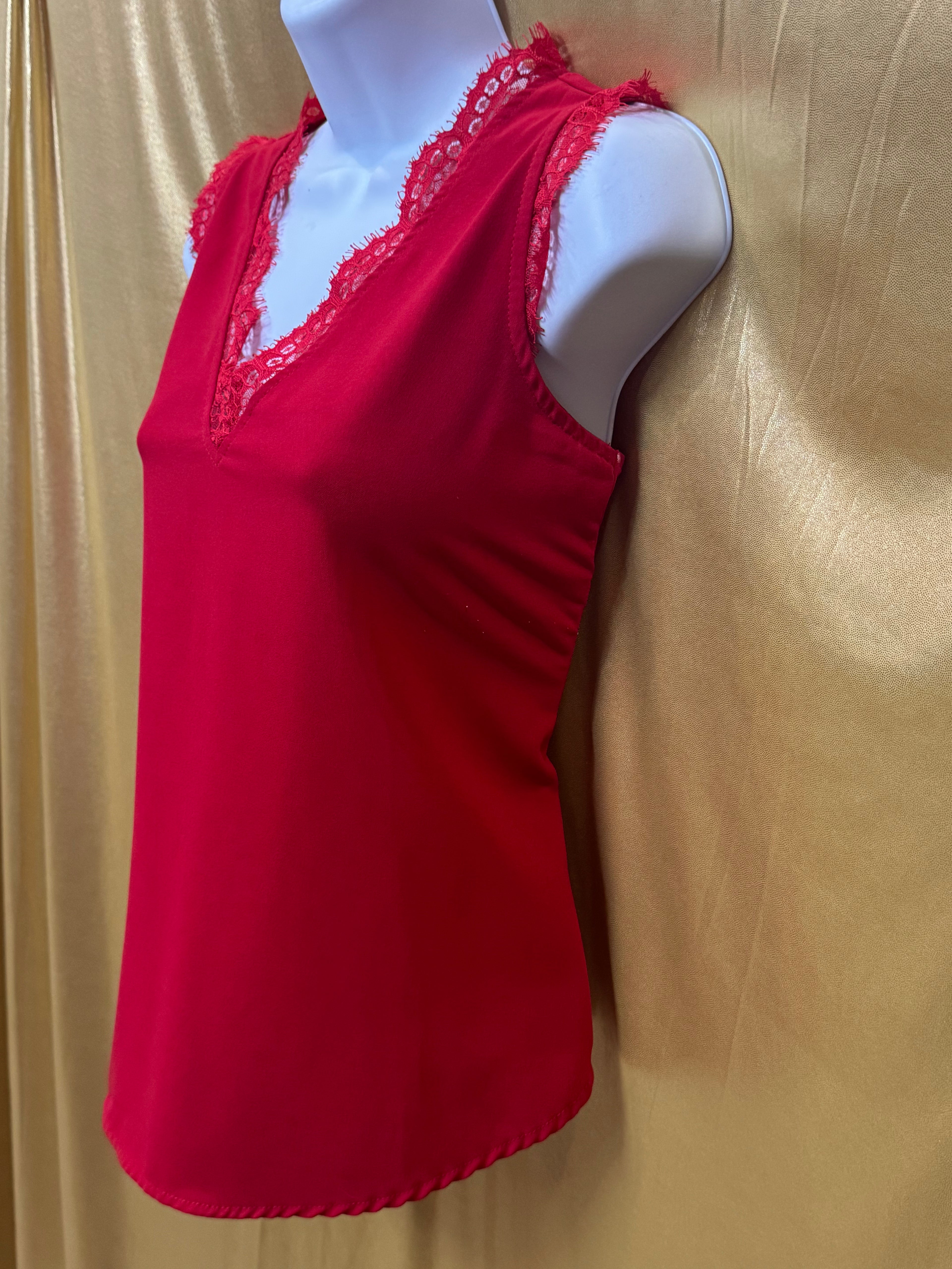 Chic True Red Lace V-Neck Sleeveless Top – Size Small
