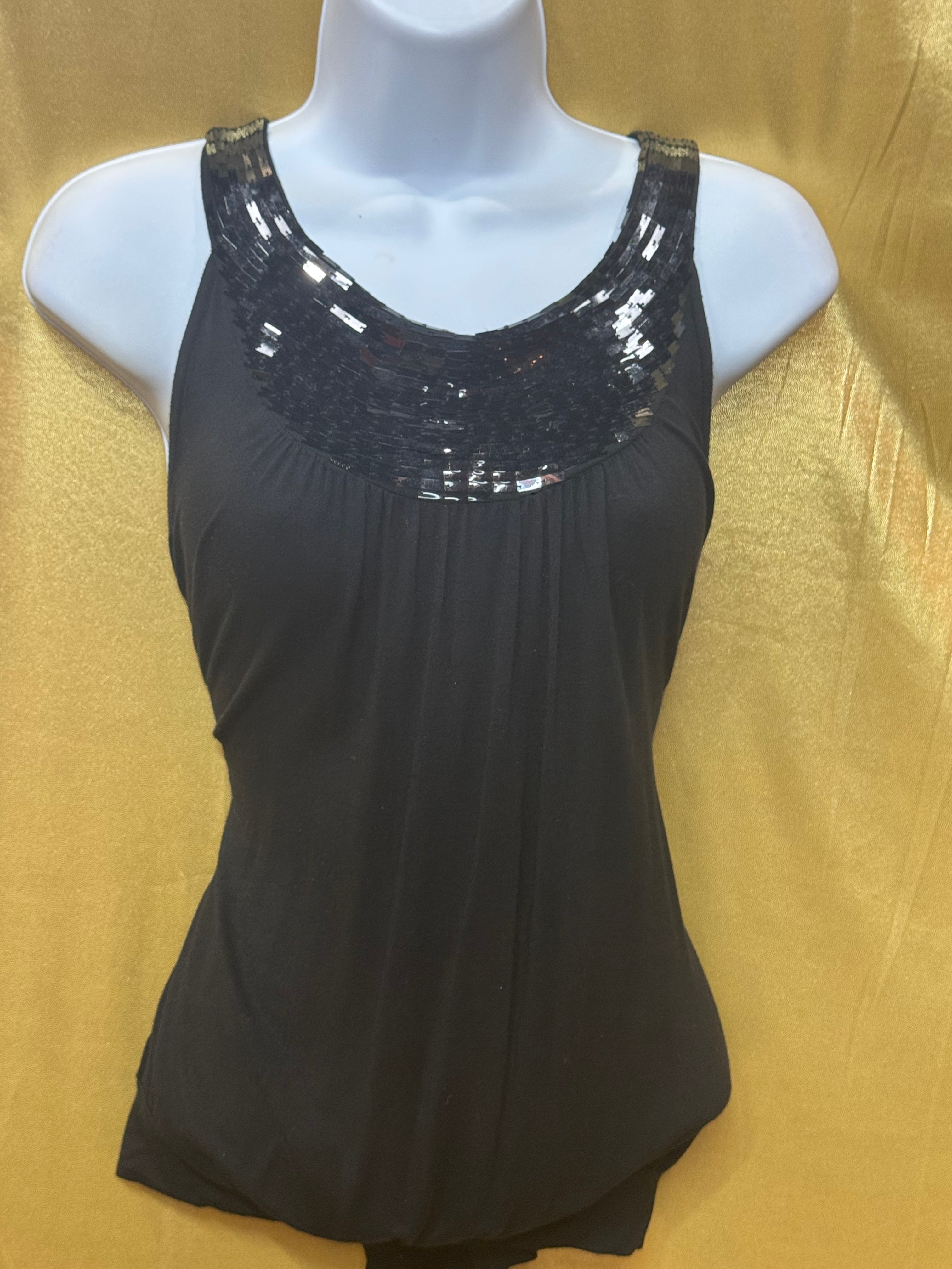 Vintage August Silk Options Black Sequin Trim Tank Top Blouse - Size S