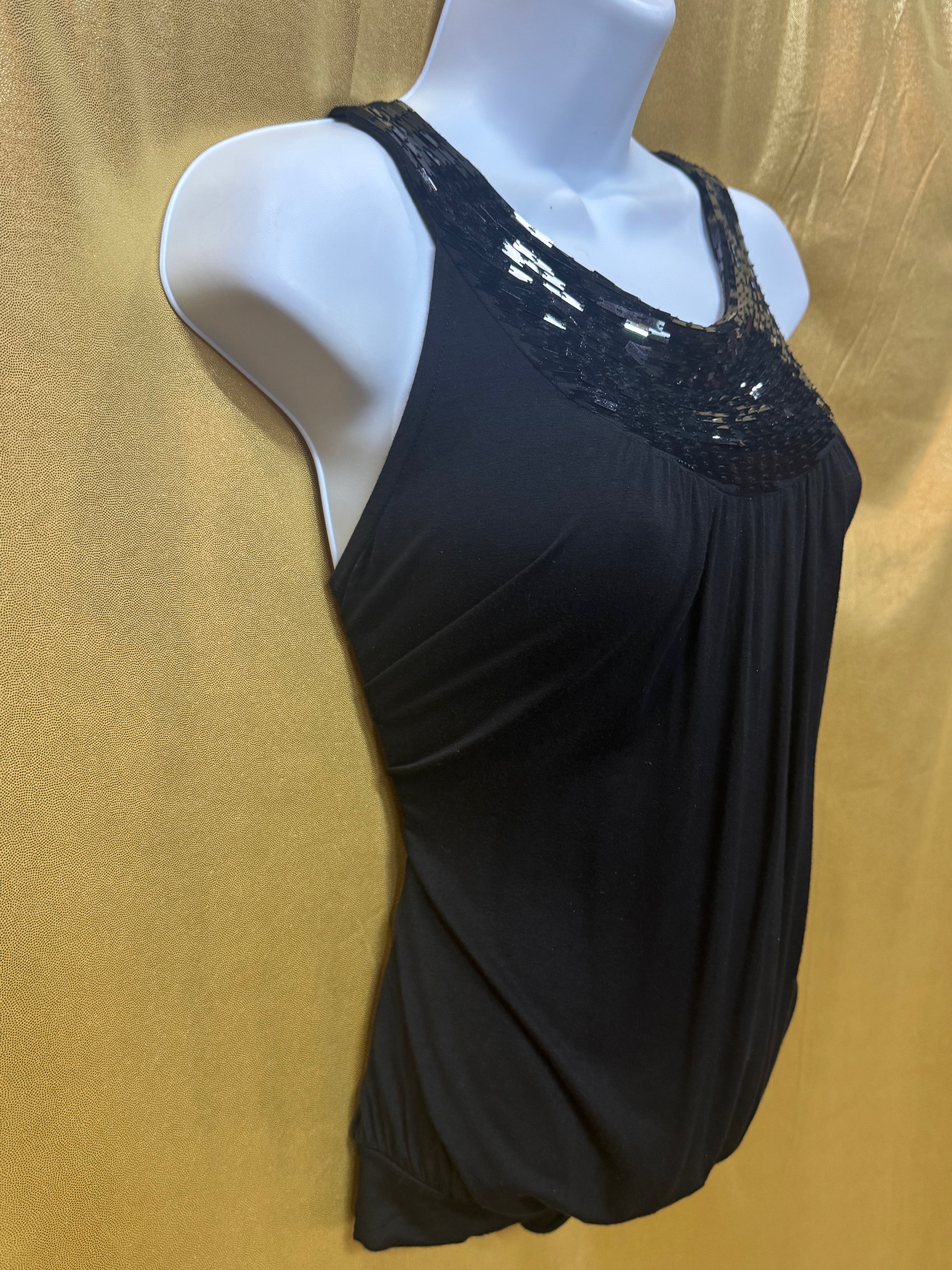 Vintage August Silk Options Black Sequin Trim Tank Top Blouse - Size S