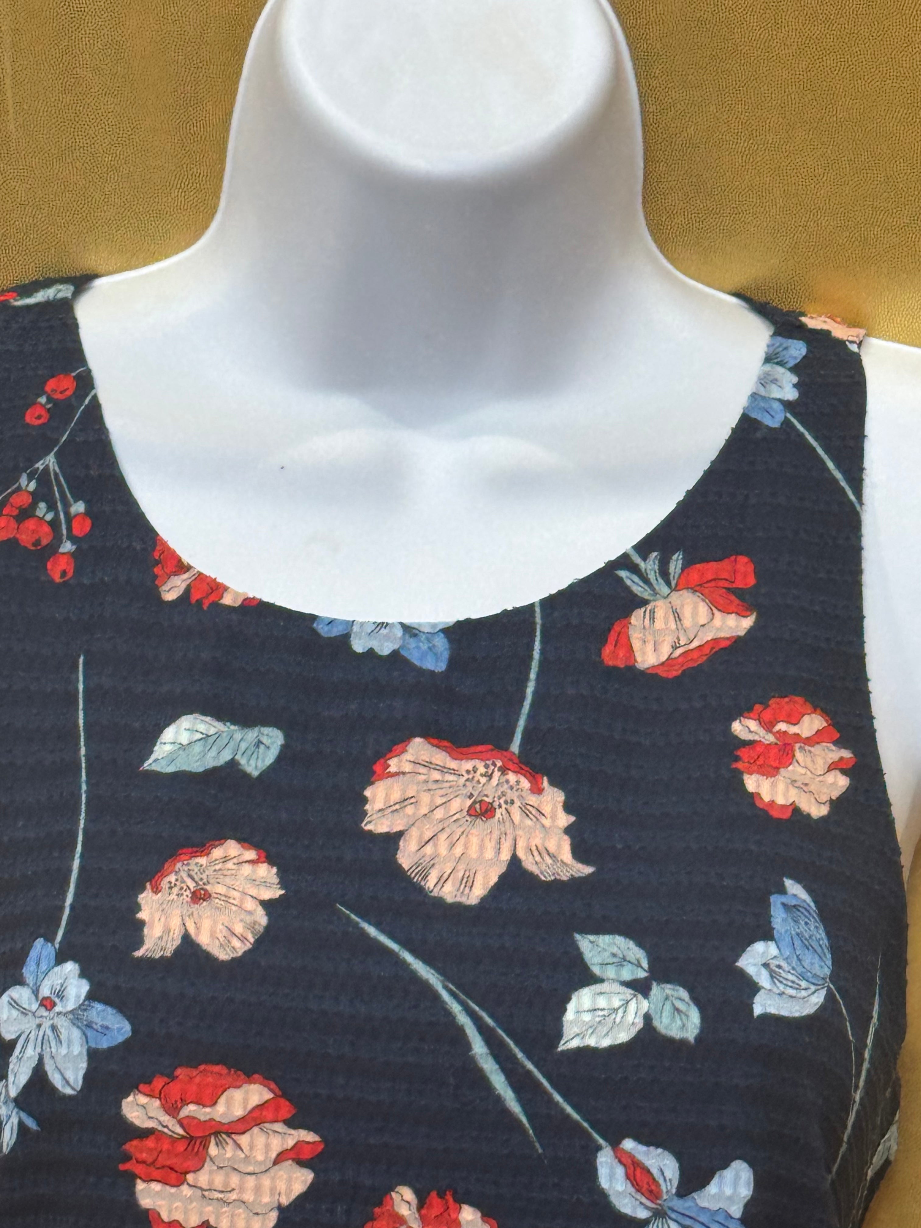 Jones New York Floral Sleeveless Blouse Size Small Navy Blue Textured Lined Top