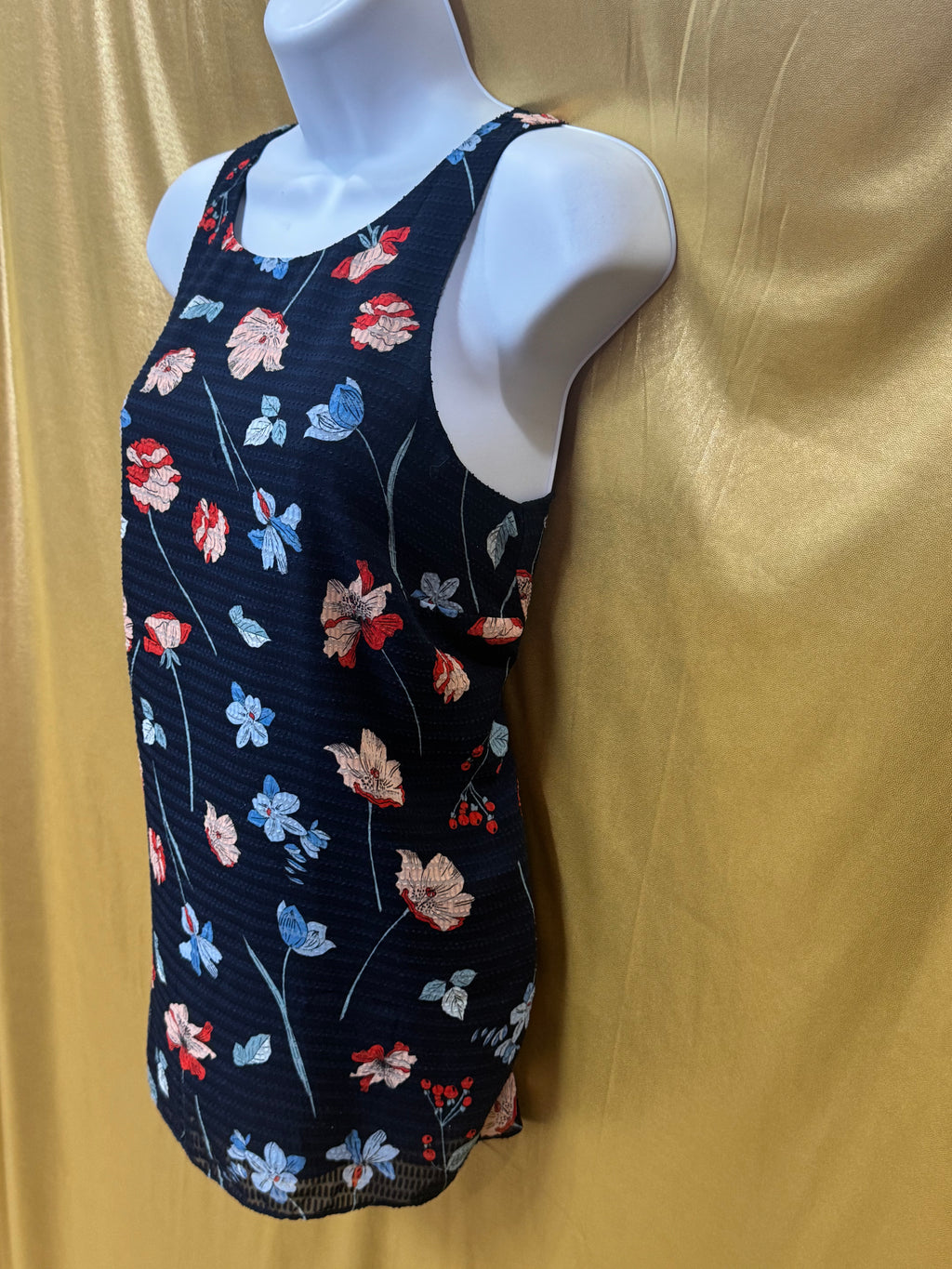 Jones New York Floral Sleeveless Blouse Size Small Navy Blue Textured Lined Top