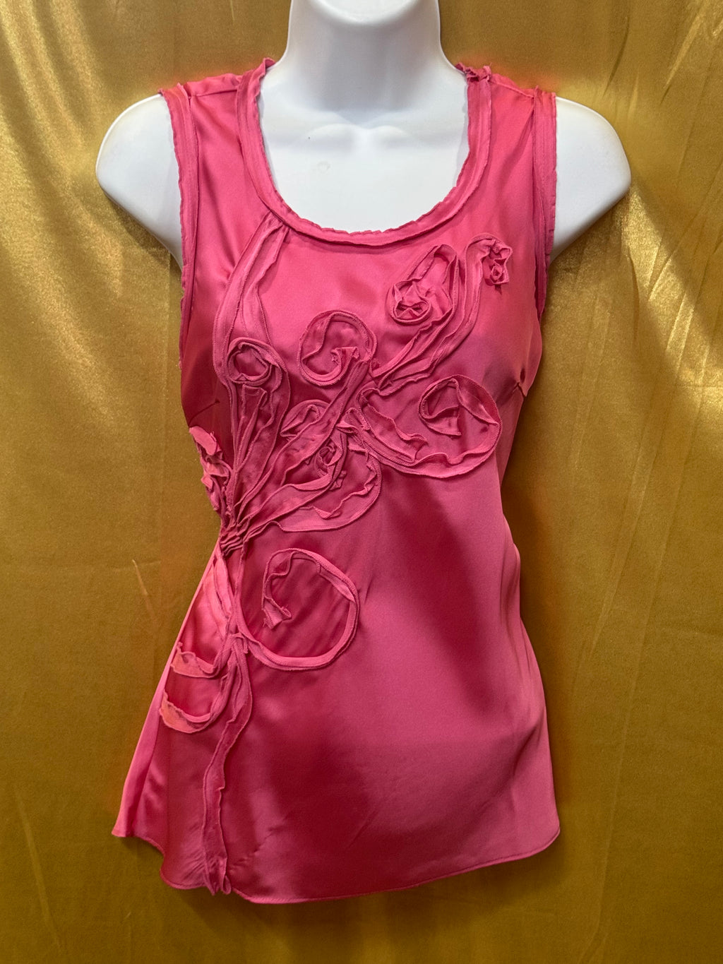 Cable & Gauge Pink Satin Sleeveless Top with Floral Ribbon Applique - Size S