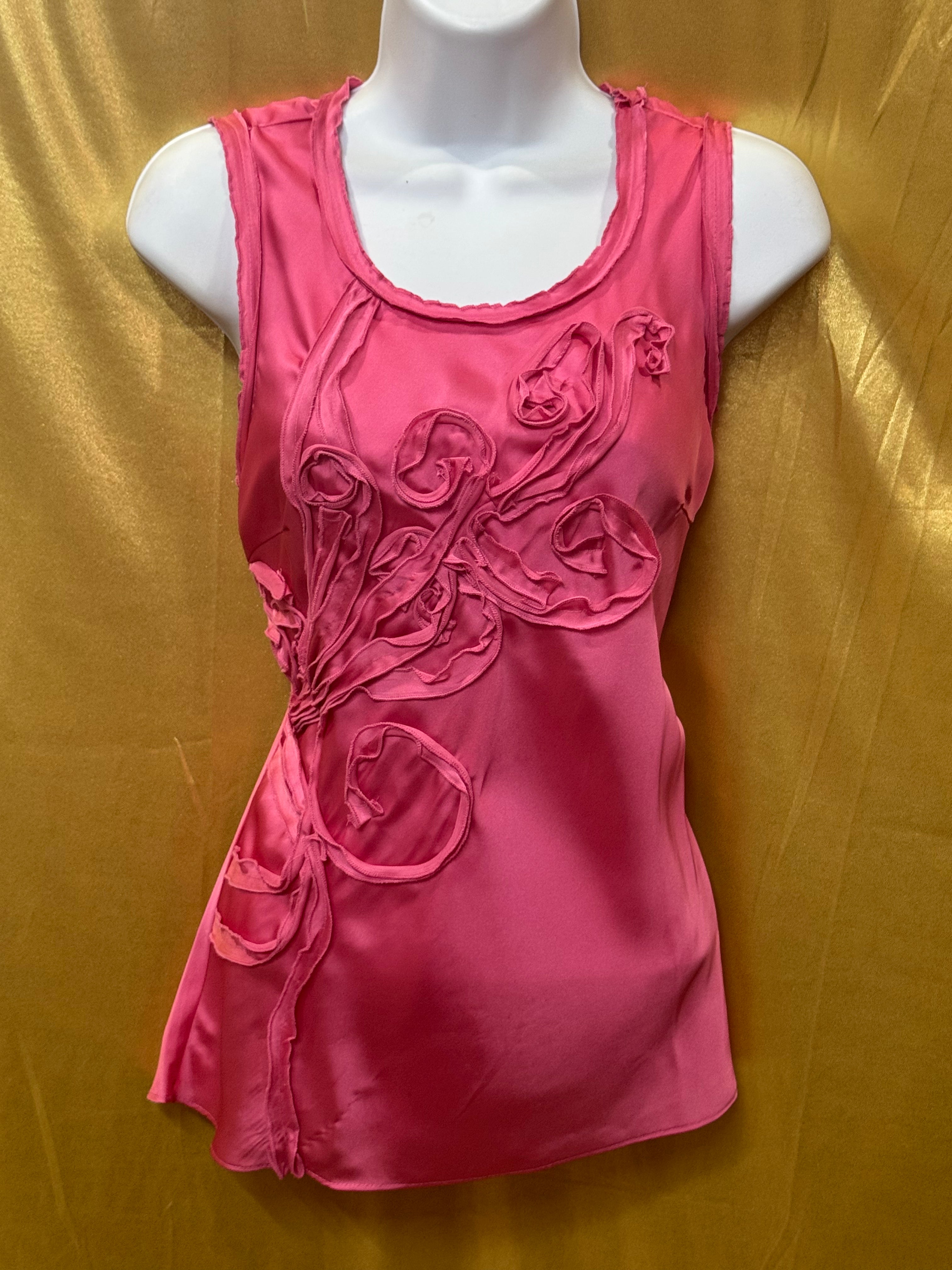 Cable & Gauge Pink Satin Sleeveless Top with Floral Ribbon Applique - Size S
