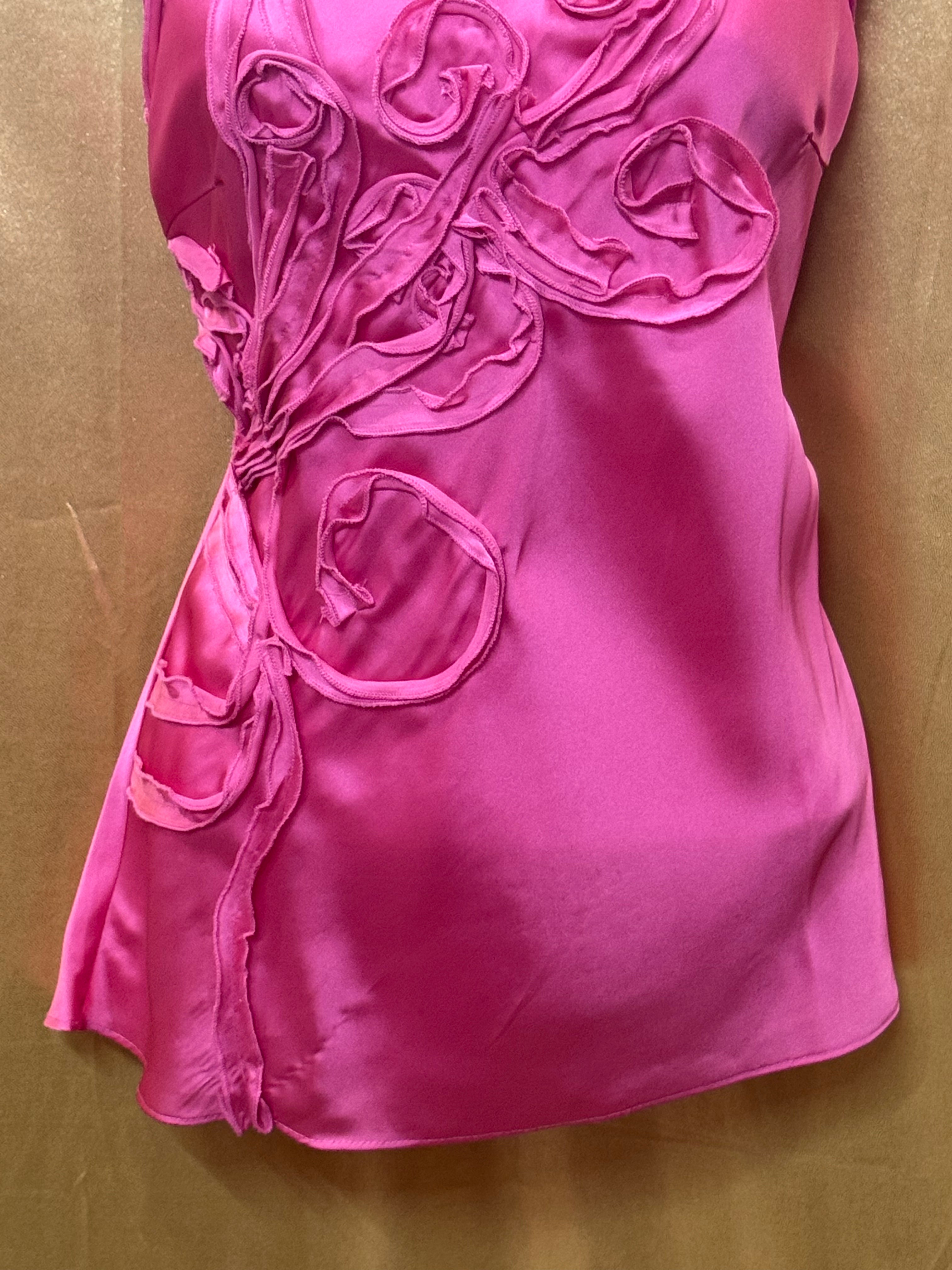 Cable & Gauge Pink Satin Sleeveless Top with Floral Ribbon Applique - Size S