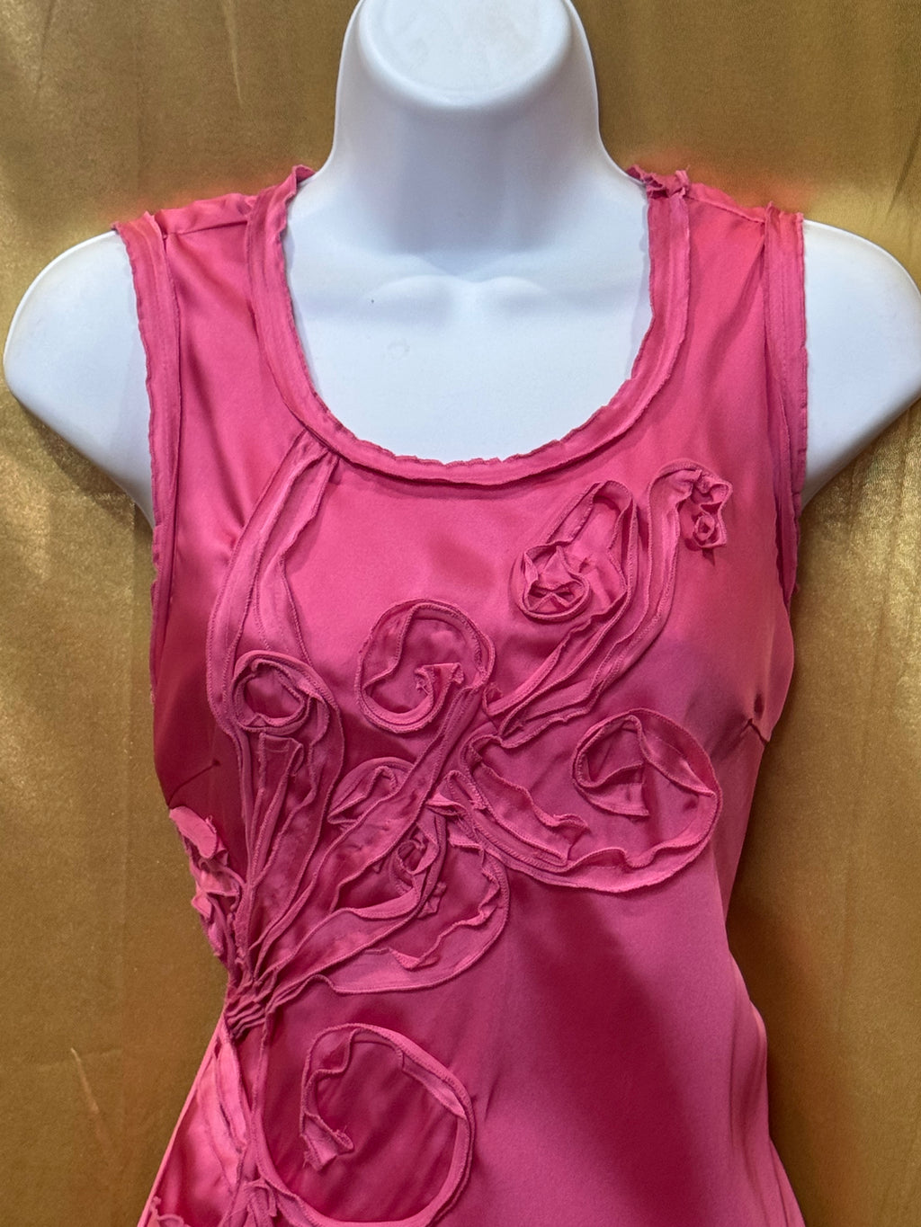 Cable & Gauge Pink Satin Sleeveless Top with Floral Ribbon Applique - Size S
