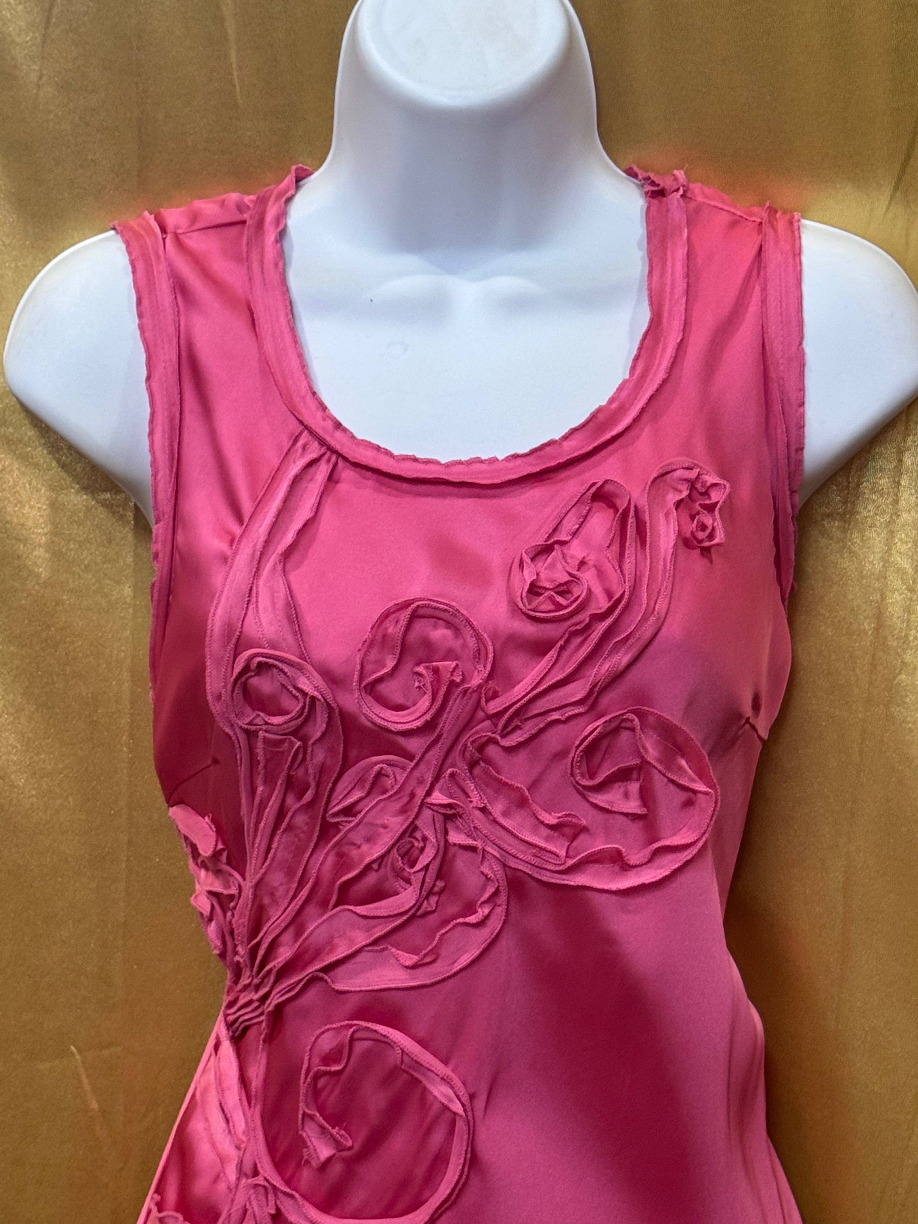Cable & Gauge Pink Satin Sleeveless Top with Floral Ribbon Applique - Size S