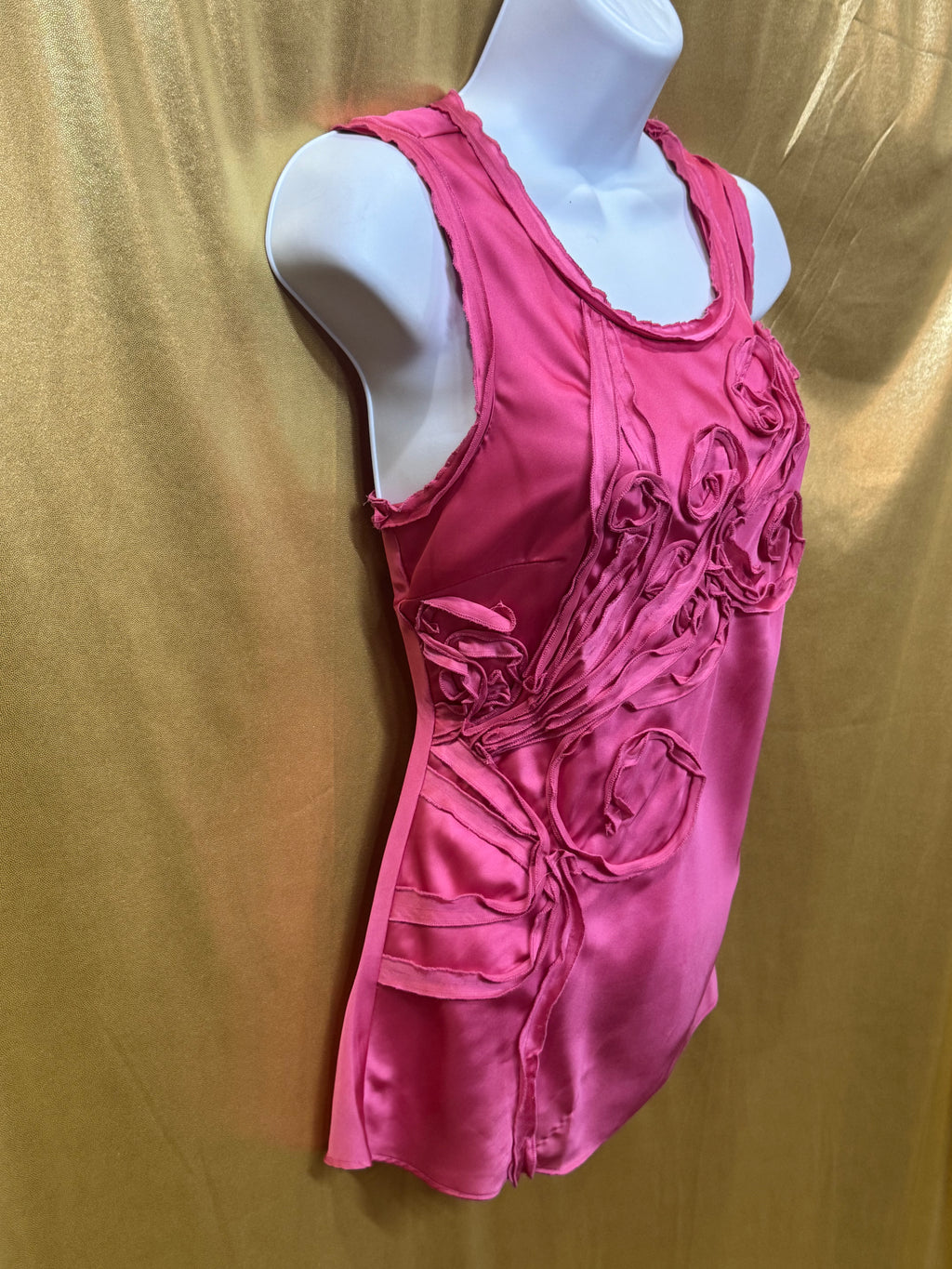 Cable & Gauge Pink Satin Sleeveless Top with Floral Ribbon Applique - Size S