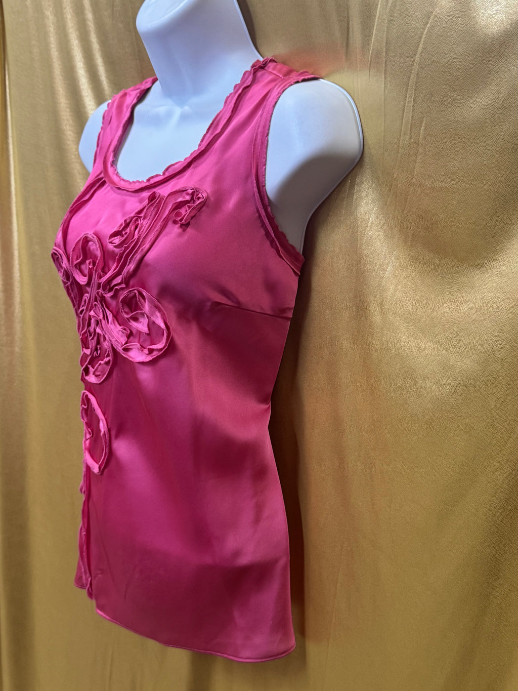 Cable & Gauge Pink Satin Sleeveless Top with Floral Ribbon Applique - Size S