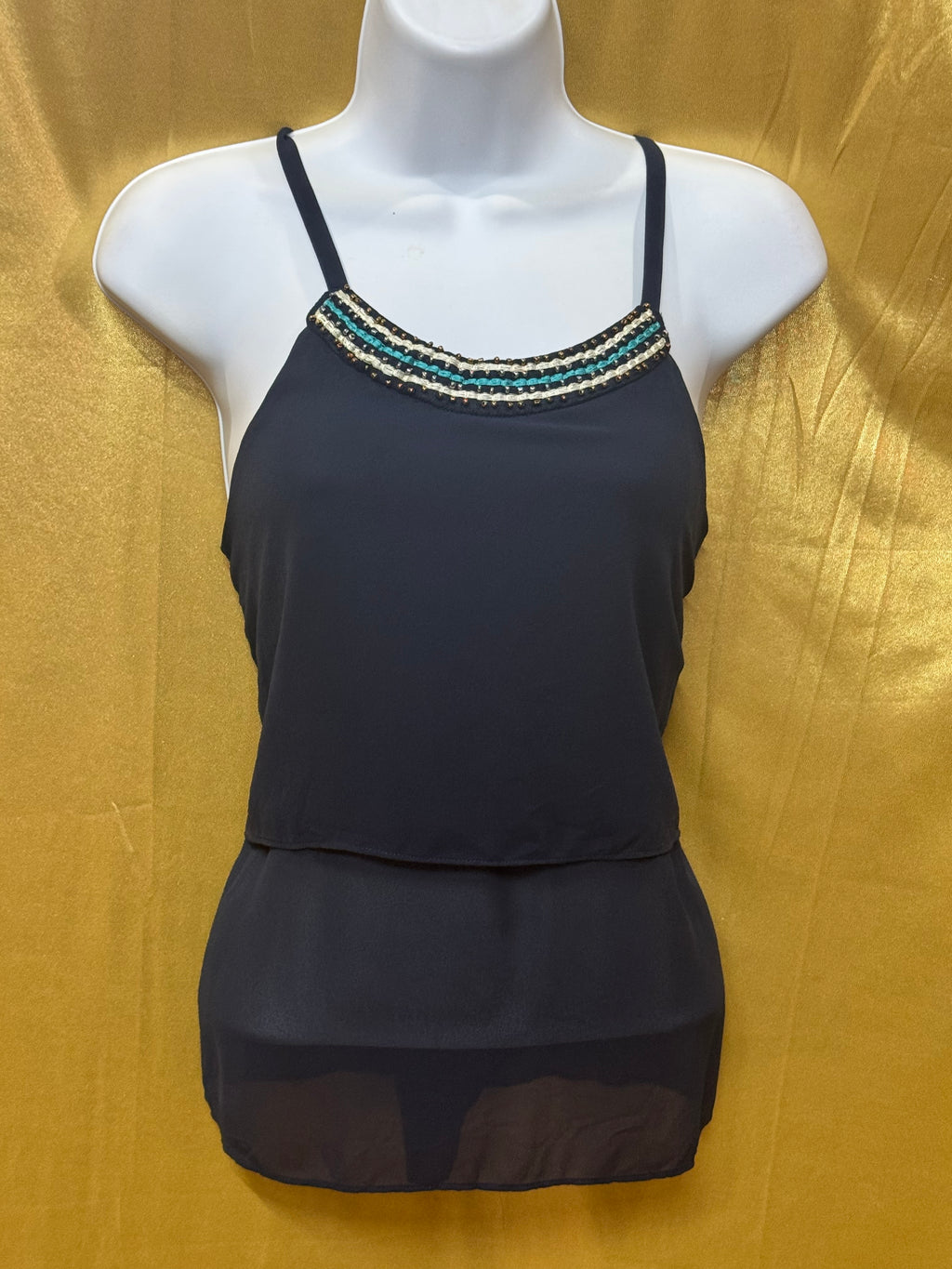 Iz Byer Beaded Neckline Chiffon Layered Sleeveless Blouse - Small