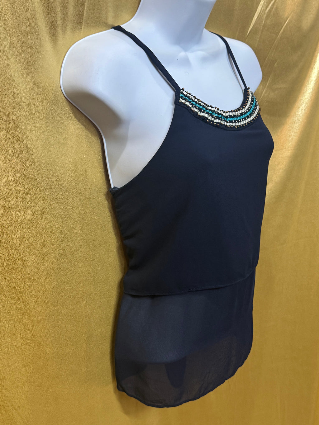 Iz Byer Beaded Neckline Chiffon Layered Sleeveless Blouse - Small