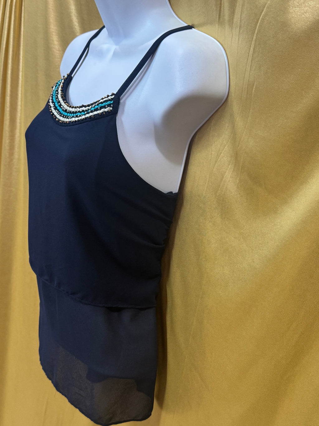 Iz Byer Beaded Neckline Chiffon Layered Sleeveless Blouse - Small