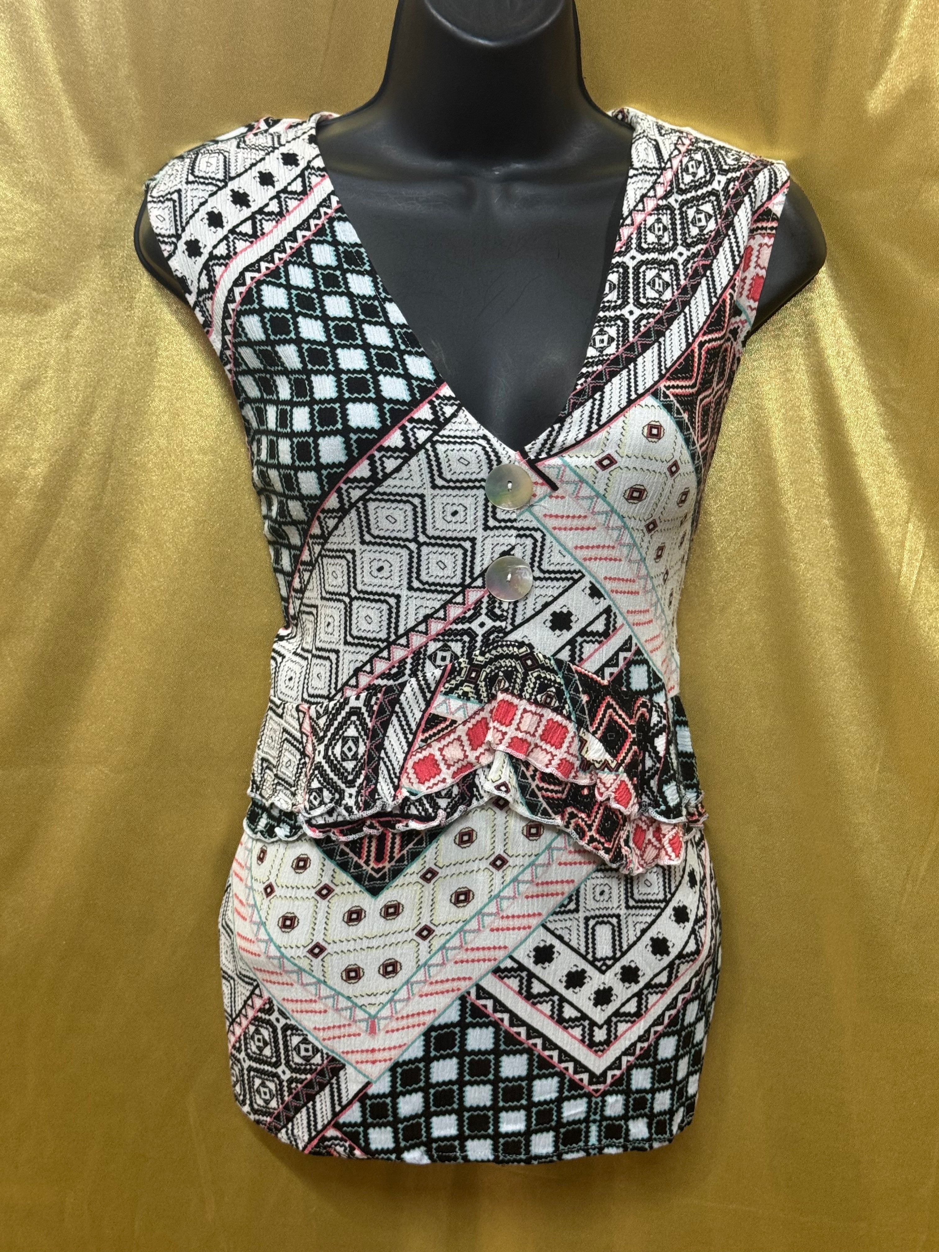 John Paul Richard Geometric Print Sleeveless Blouse - Size Small Boho V-Neck