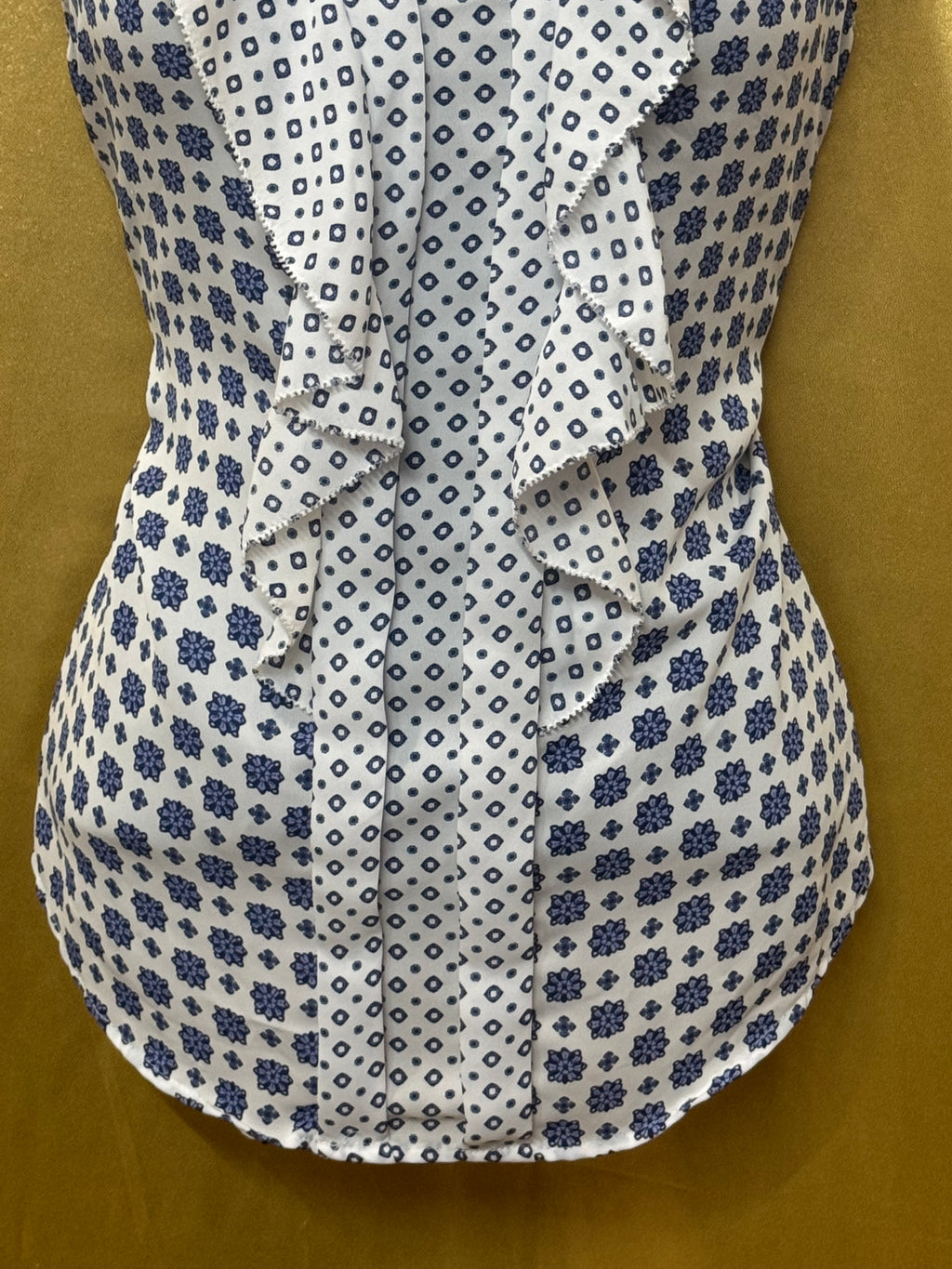 ELLE Blue & Purple Geometric Floral Ruffle Sleeveless Blouse, Small