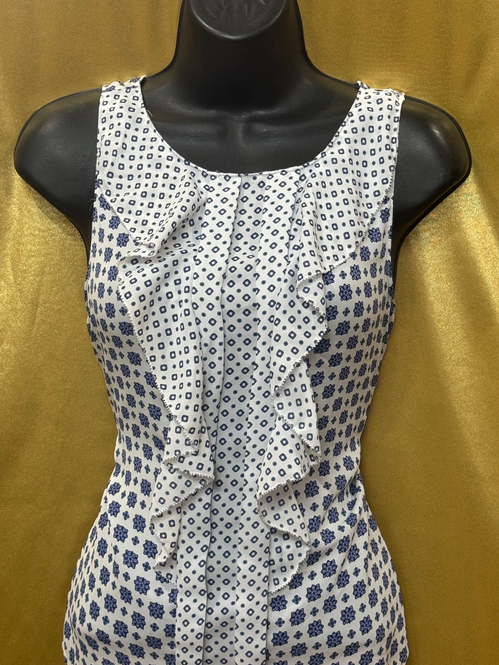 ELLE Blue & Purple Geometric Floral Ruffle Sleeveless Blouse, Small