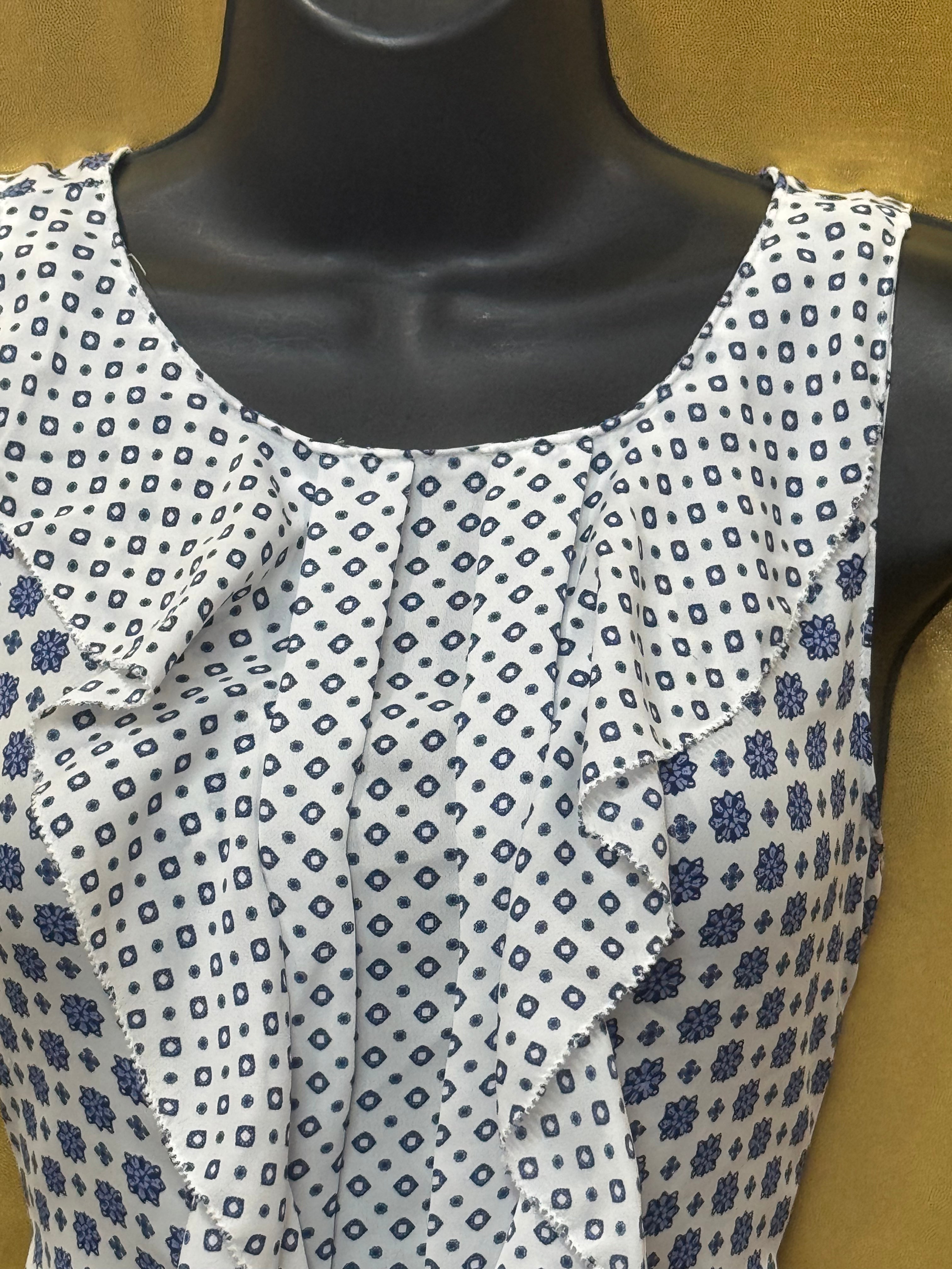 ELLE Blue & Purple Geometric Floral Ruffle Sleeveless Blouse, Small