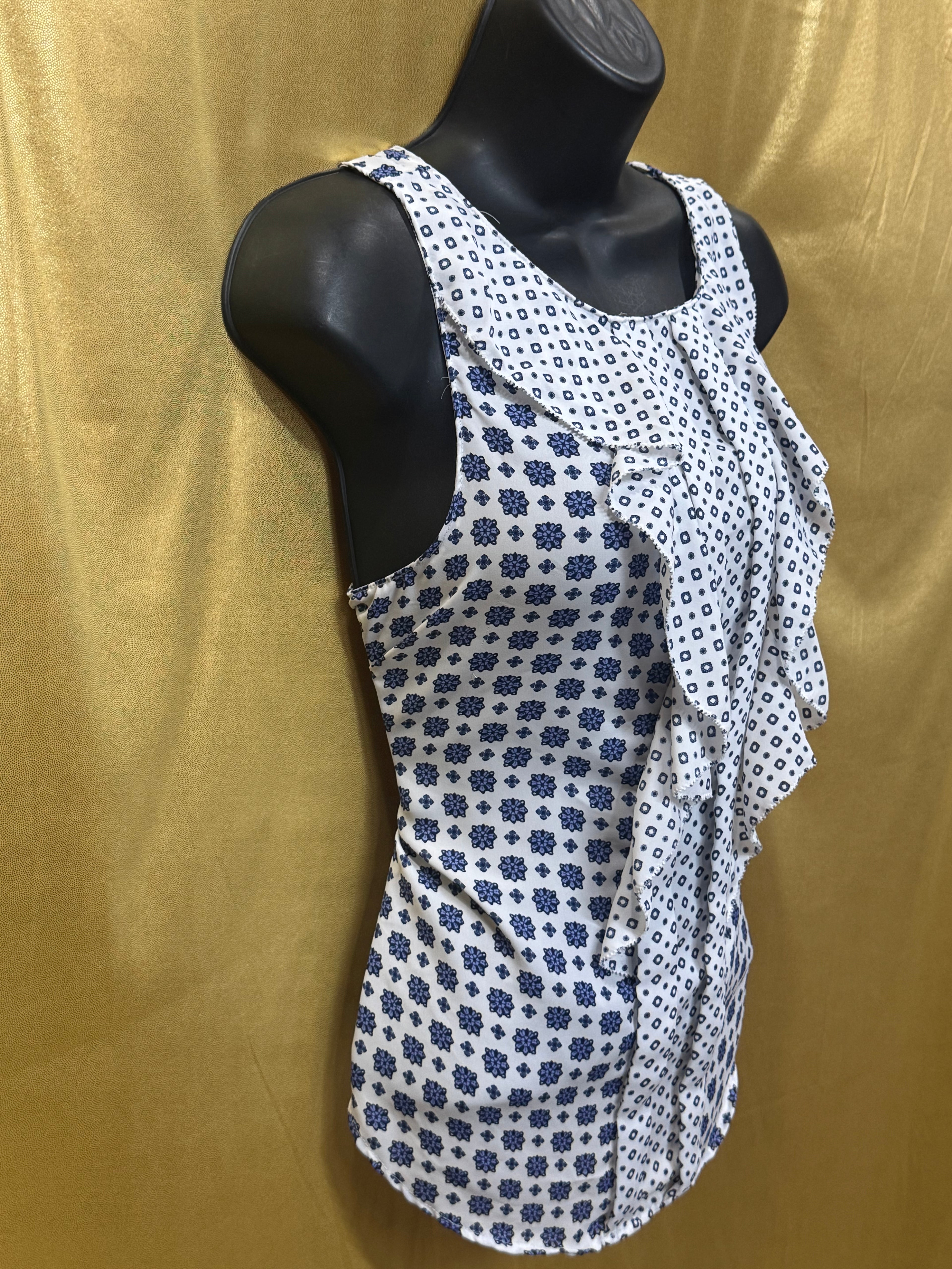ELLE Blue & Purple Geometric Floral Ruffle Sleeveless Blouse, Small