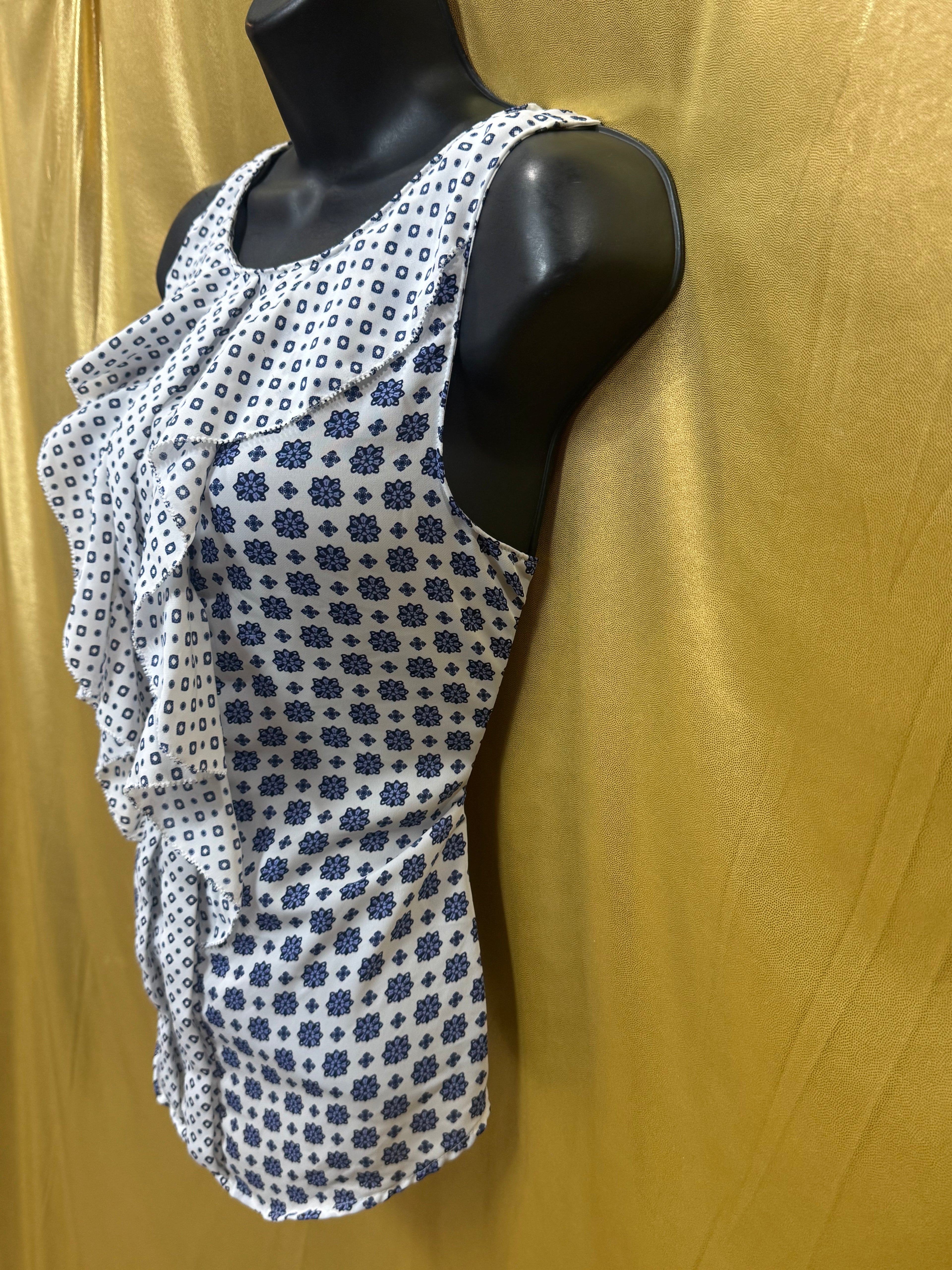 ELLE Blue & Purple Geometric Floral Ruffle Sleeveless Blouse, Small