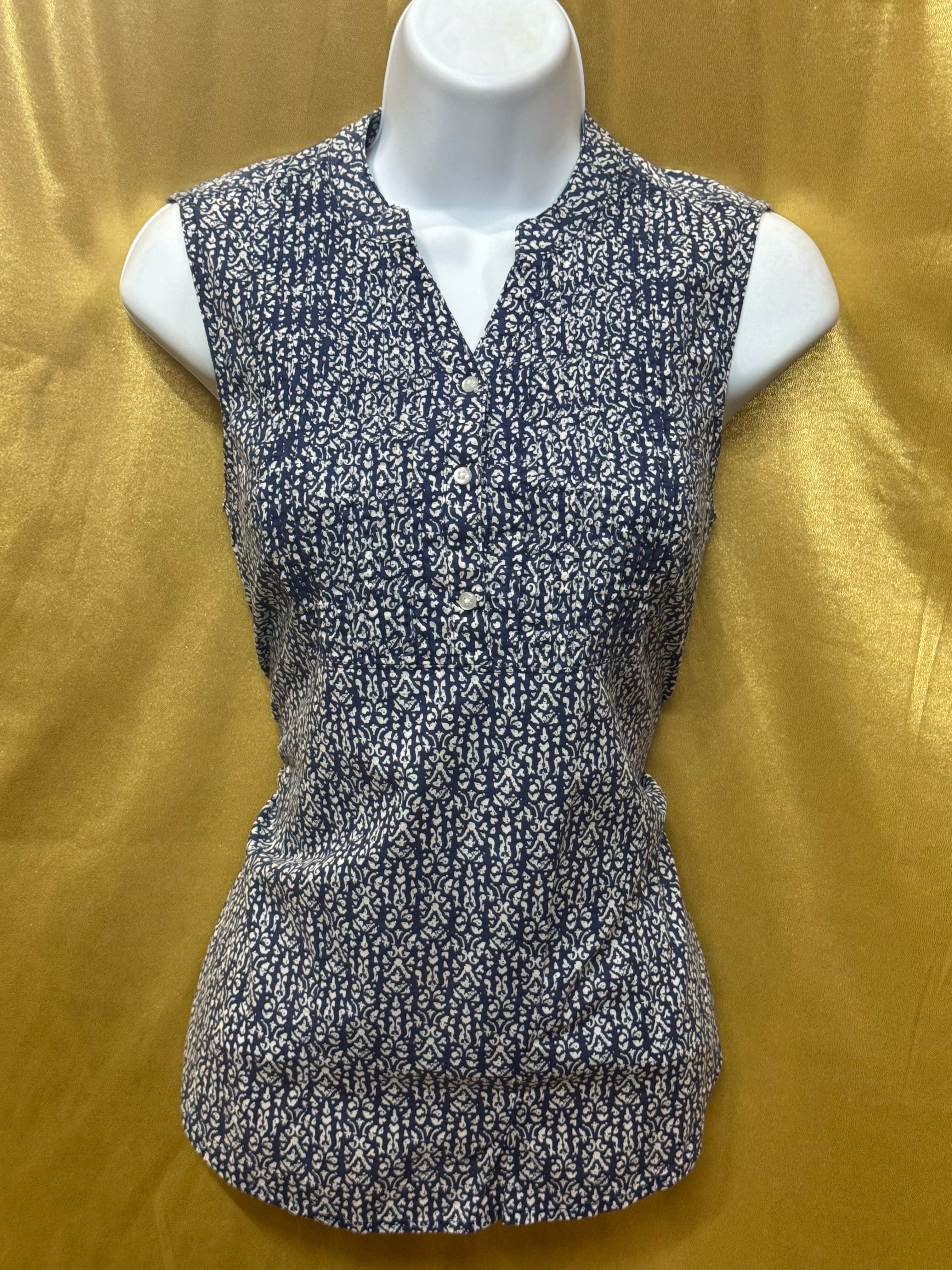 Bit & Bridle Blue & White Cotton Sleeveless Blouse - Size Small