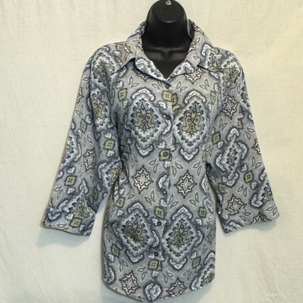 BonWorth Vintage‎ Gray Green & White 1/2 Sleeve Button Down Blouse Size XL