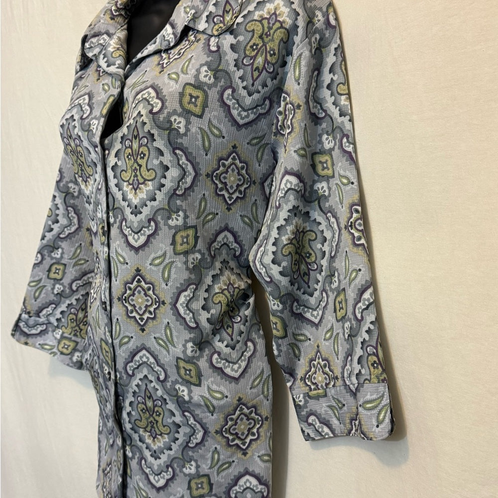 BonWorth Vintage‎ Gray Green & White 1/2 Sleeve Button Down Blouse Size XL