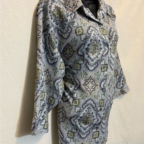 BonWorth Vintage‎ Gray Green & White 1/2 Sleeve Button Down Blouse Size XL