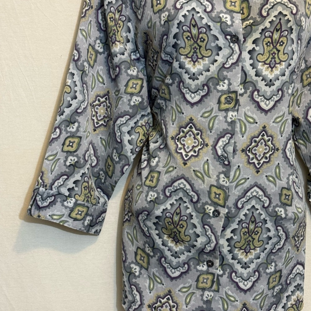 BonWorth Vintage‎ Gray Green & White 1/2 Sleeve Button Down Blouse Size XL