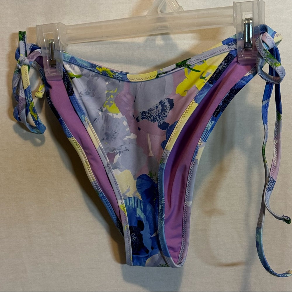 Aerie NWT Cheekiest blue purple and green floral side tie bikini bottoms size small women's swimwear at A Golden Lady Boutique