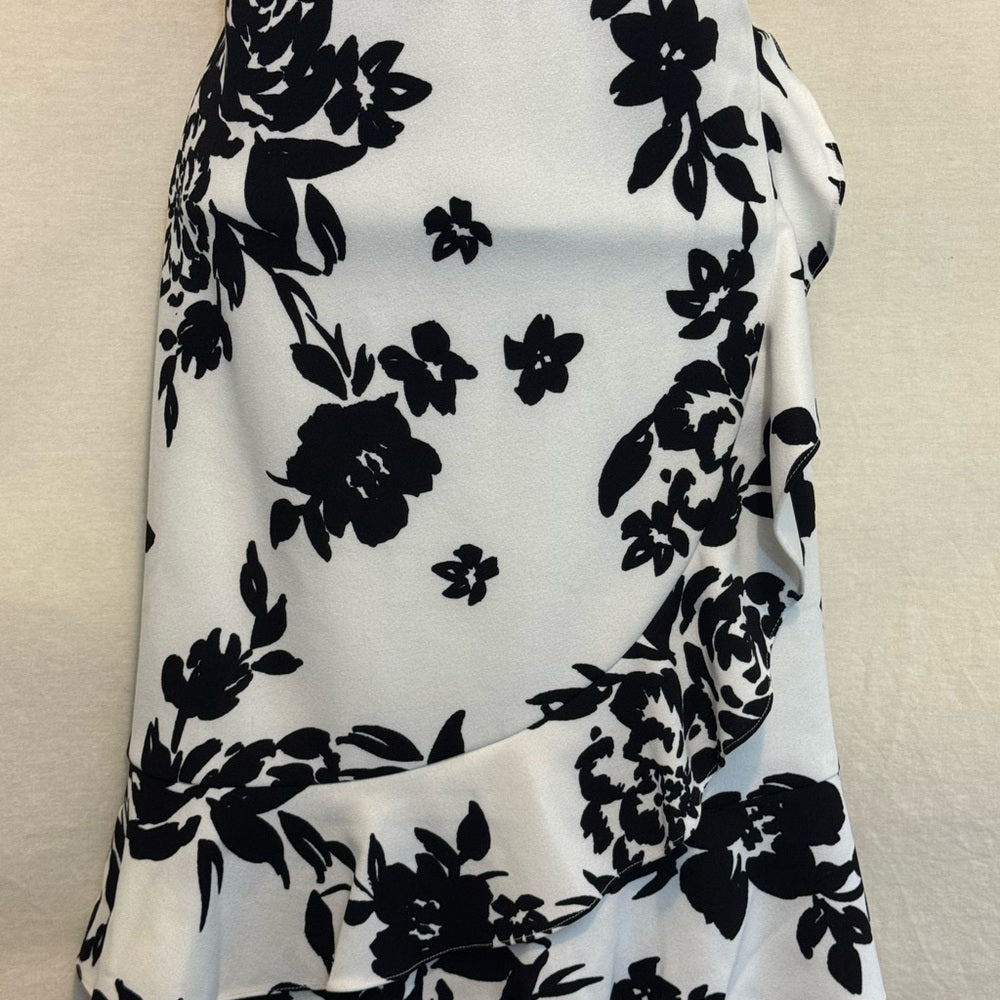 B-81 Karl Lagerfield White & Black Floral Ruffled Short Sleeve MIDI Dress