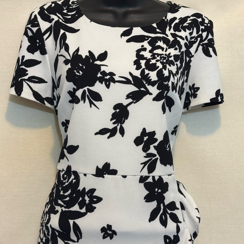 B-81 Karl Lagerfield White & Black Floral Ruffled Short Sleeve MIDI Dress