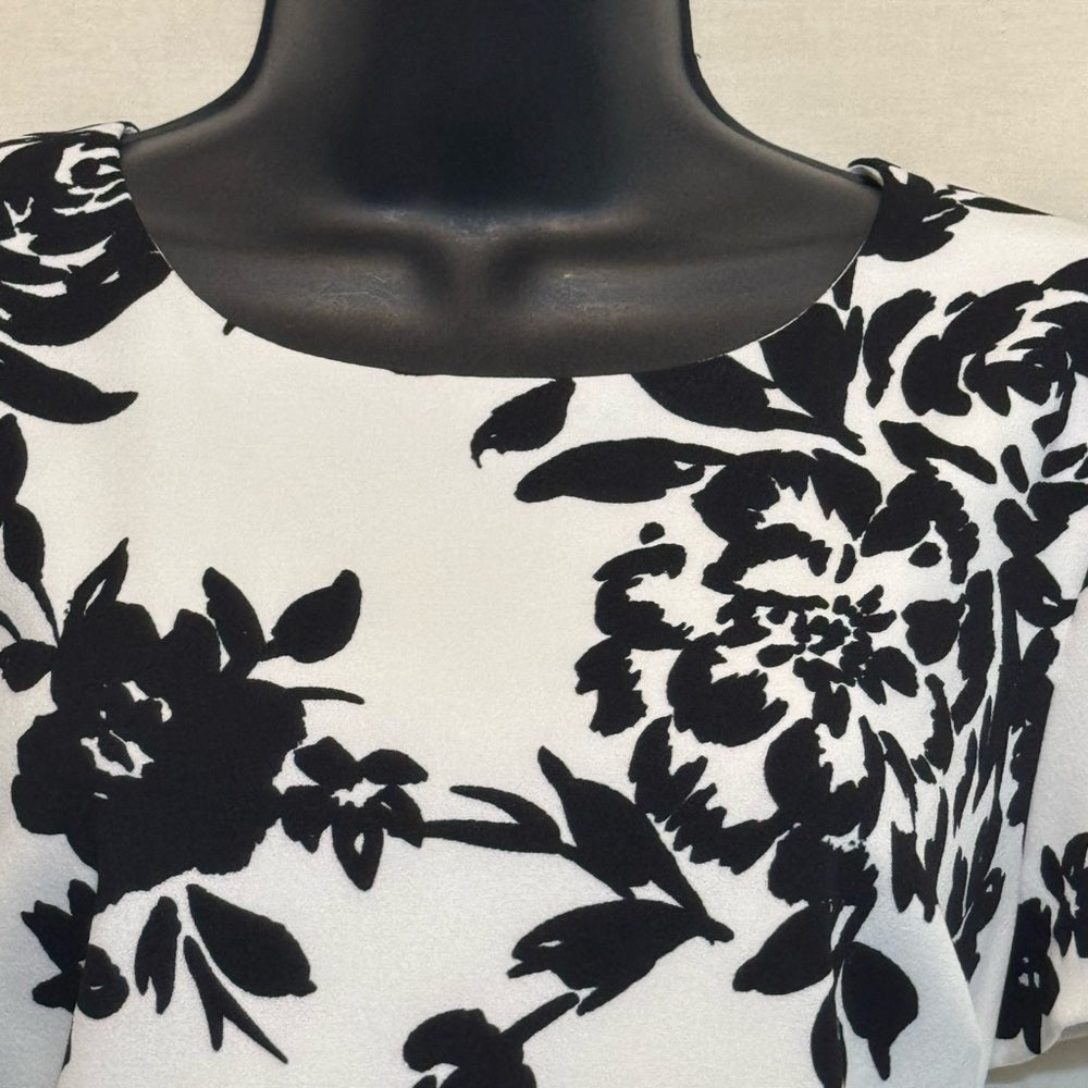 B-81 Karl Lagerfield White & Black Floral Ruffled Short Sleeve MIDI Dress
