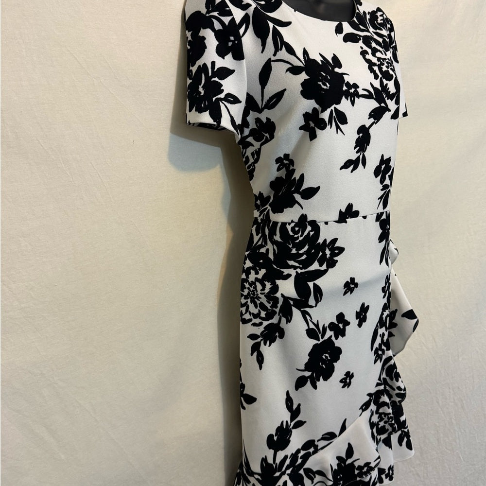 B-81 Karl Lagerfield White & Black Floral Ruffled Short Sleeve MIDI Dress