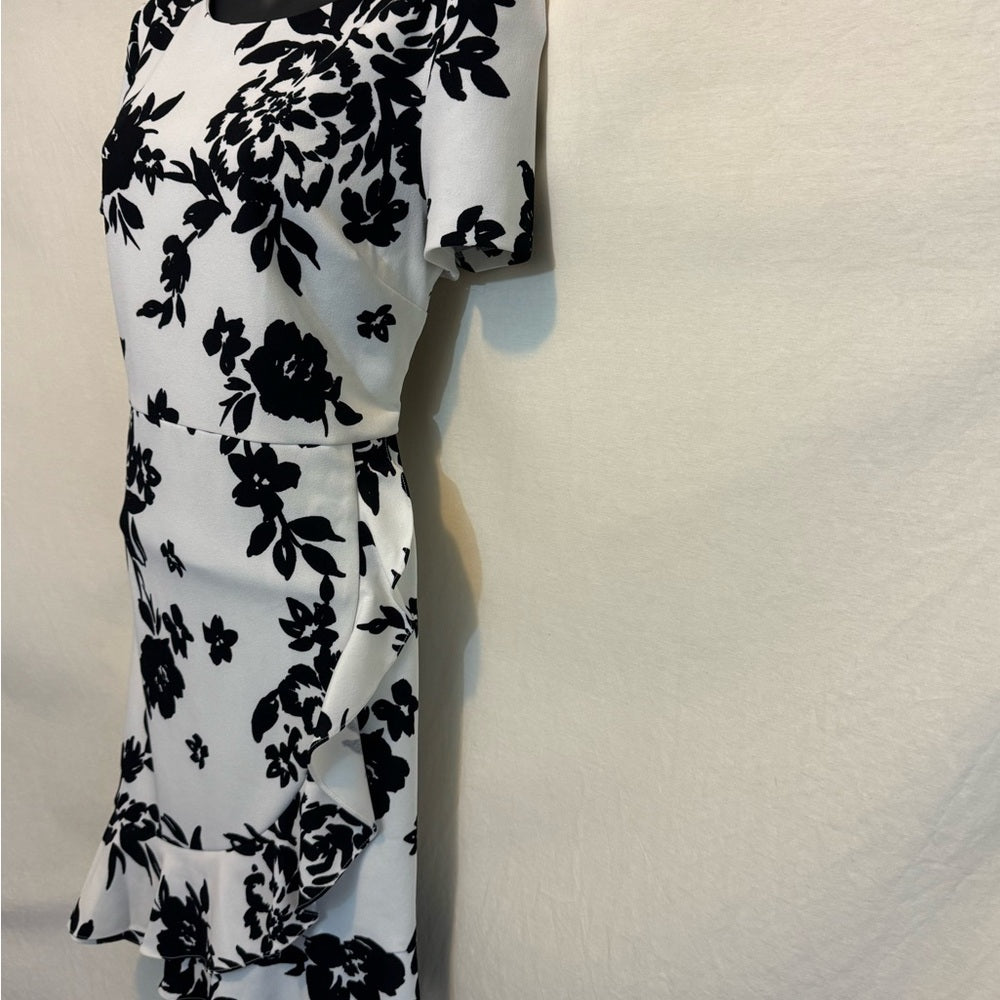 B-81 Karl Lagerfield White & Black Floral Ruffled Short Sleeve MIDI Dress