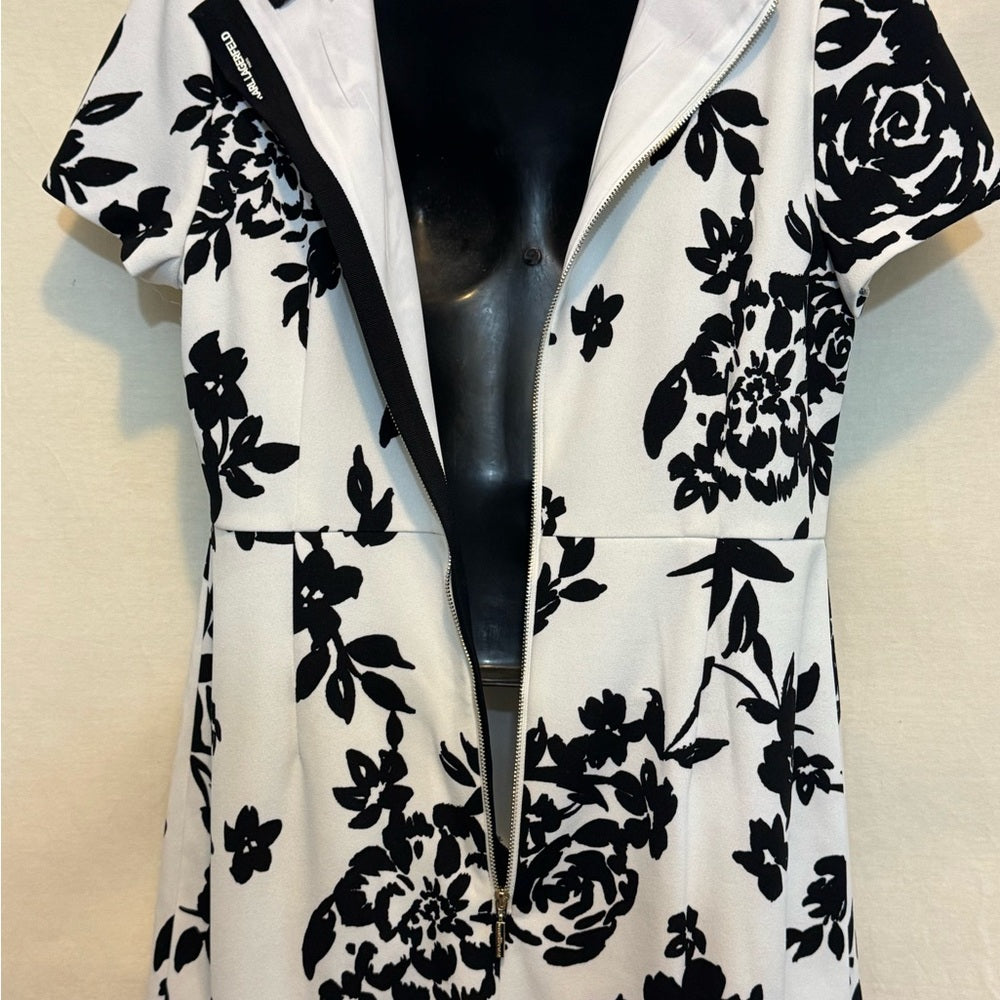 B-81 Karl Lagerfield White & Black Floral Ruffled Short Sleeve MIDI Dress