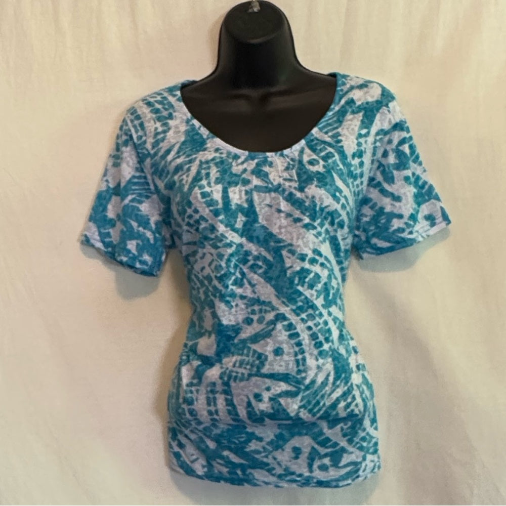Kim Rogers teal and white scoop neck short sleeve blouse size large women's casual lightweight top at A Golden Lady Bouique